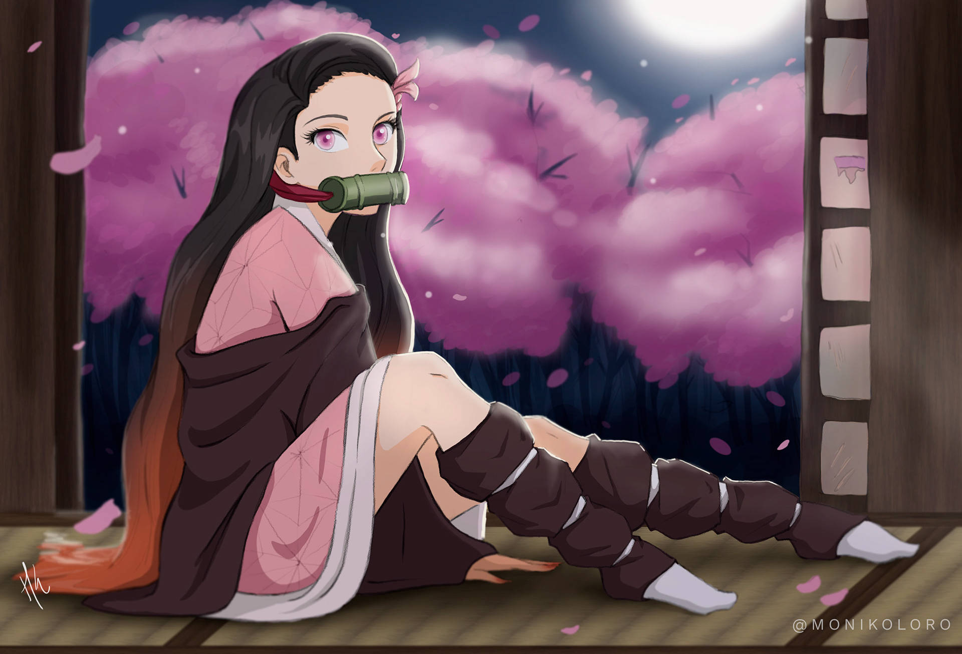 Demon Slayer Nezuko, bamboo flute, pink cherry blossoms, Full HD Desktop Wallpaper
