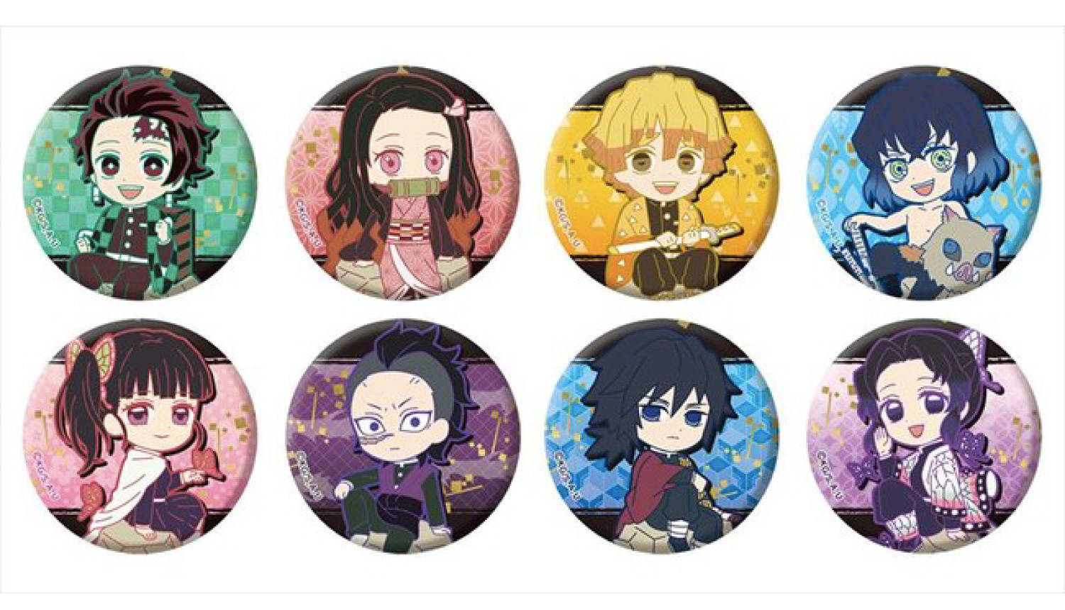 Demon Slayer, chibi-style anime characters, circular badge, HD Desktop Wallpaper