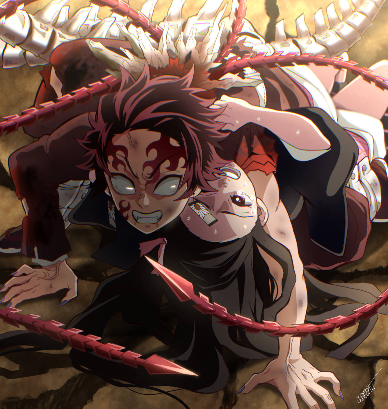 Demon Slayer, red hair, demonic markings, HD Phone Wallpaper