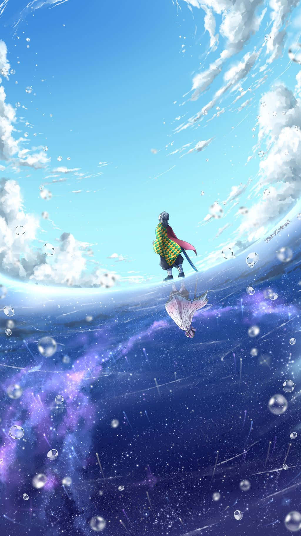 Demon Slayer Scenery, bright blue sky, starry purple void, HD Phone Wallpaper