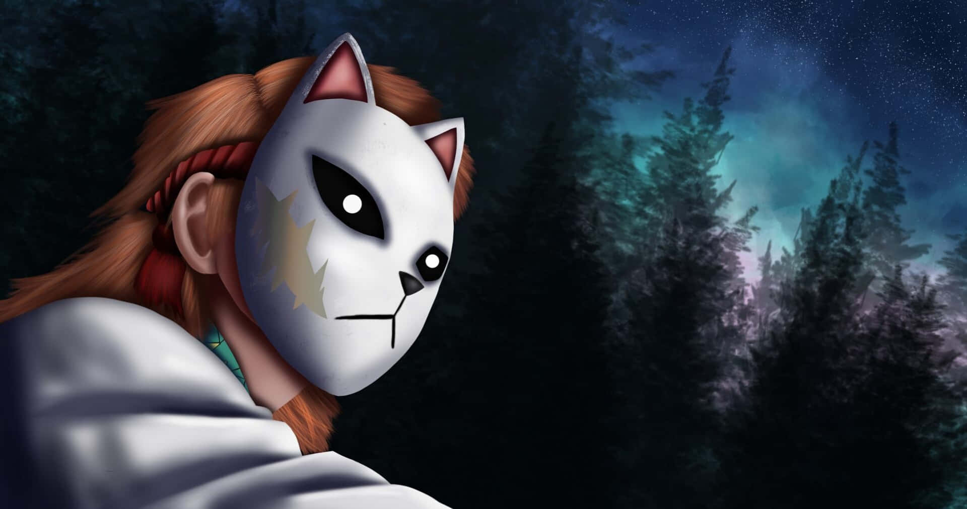 Demon Slayer Scenery, masked fox spirit, glowing eyes, Full HD Desktop Wallpaper