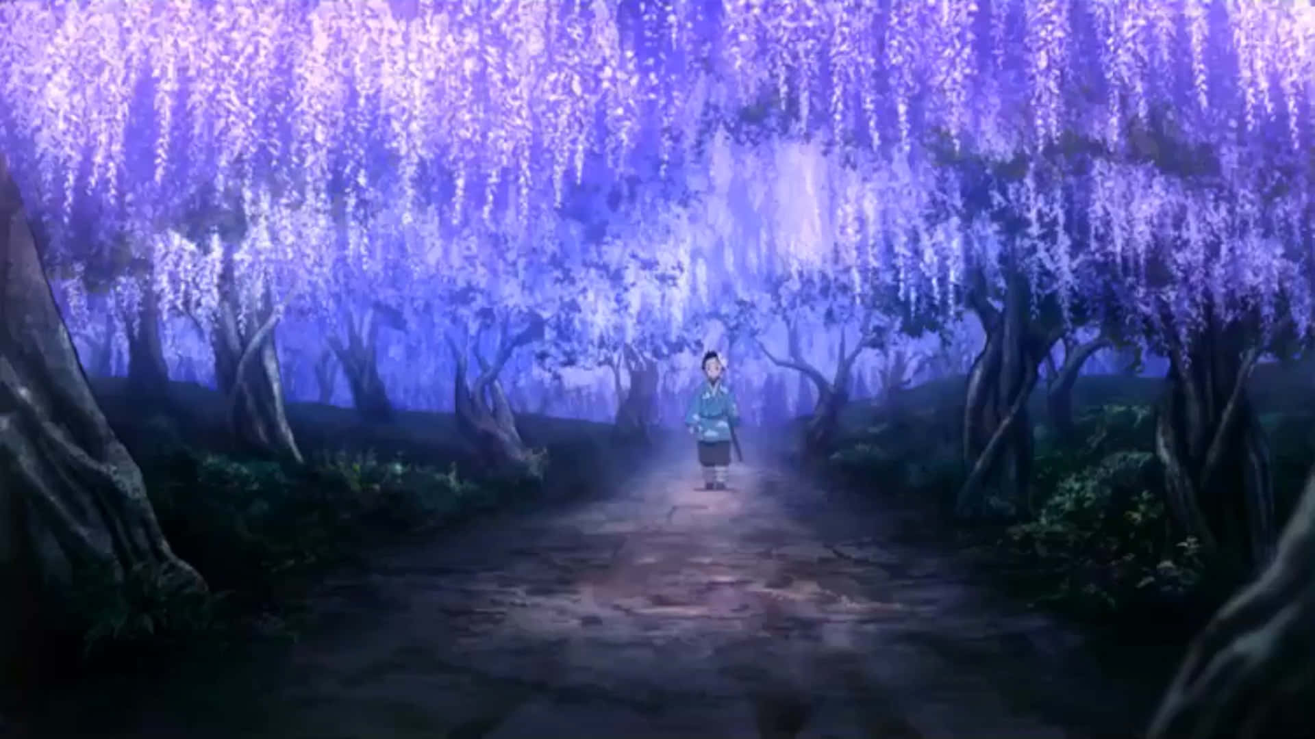 Demon Slayer, glowing purple wisteria, misty stone path, Full HD Desktop Wallpaper