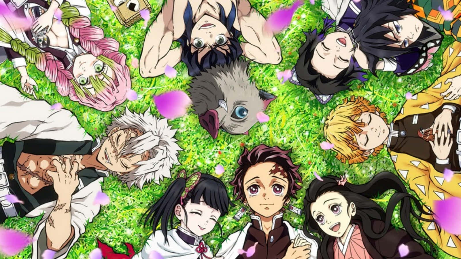 Demon Slayer, anime characters, vibrant green grass, HD Desktop Wallpaper