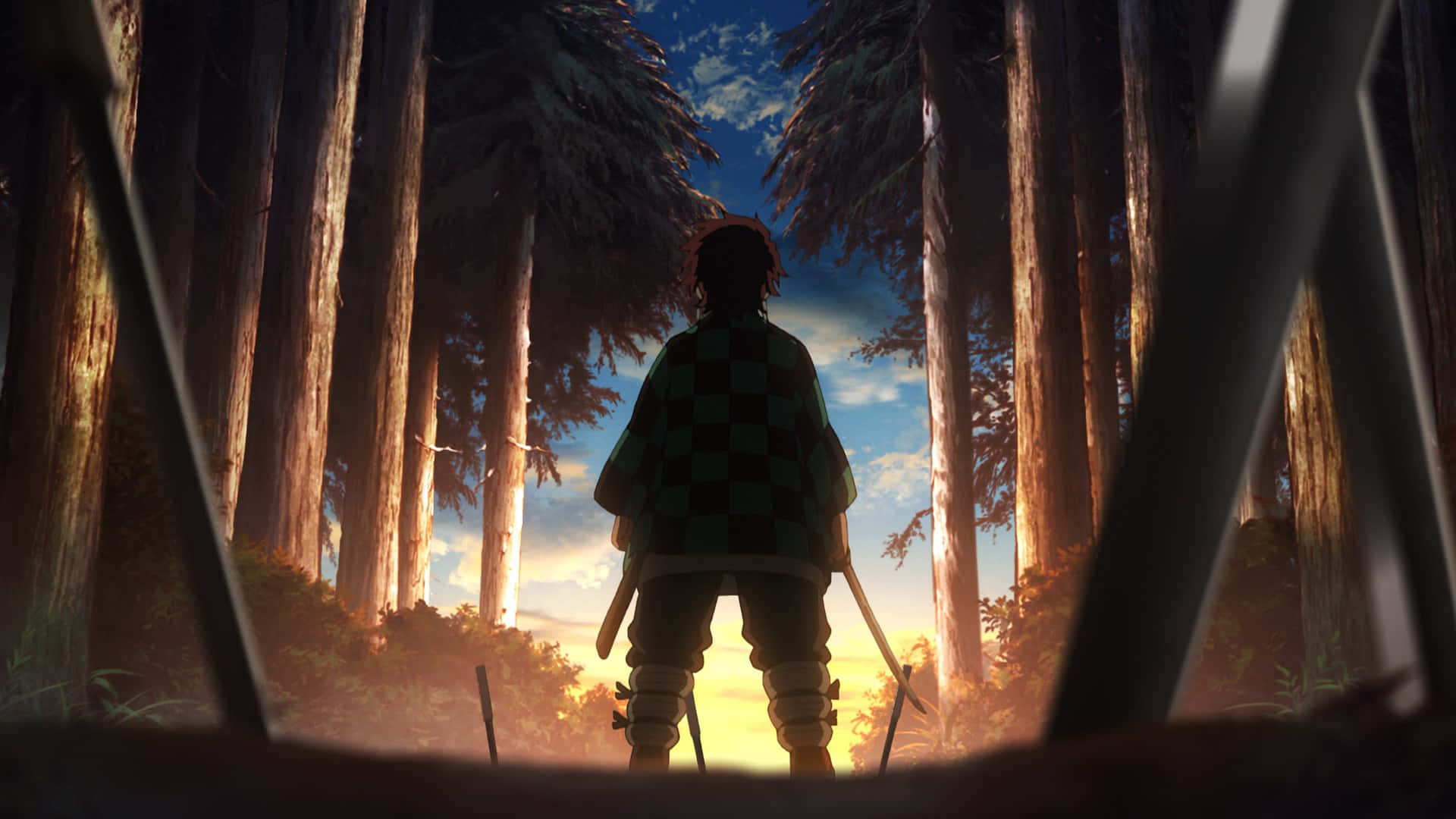 Demon Slayer, checkered kimono, towering forest, Full HD Desktop Wallpaper