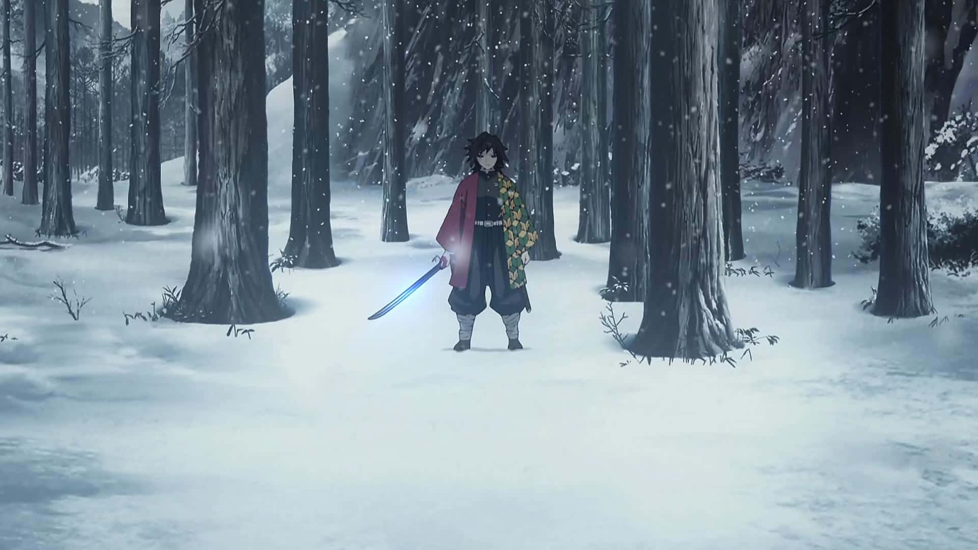 Demon Slayer, anime warrior, snowy forest, Full HD Desktop Wallpaper