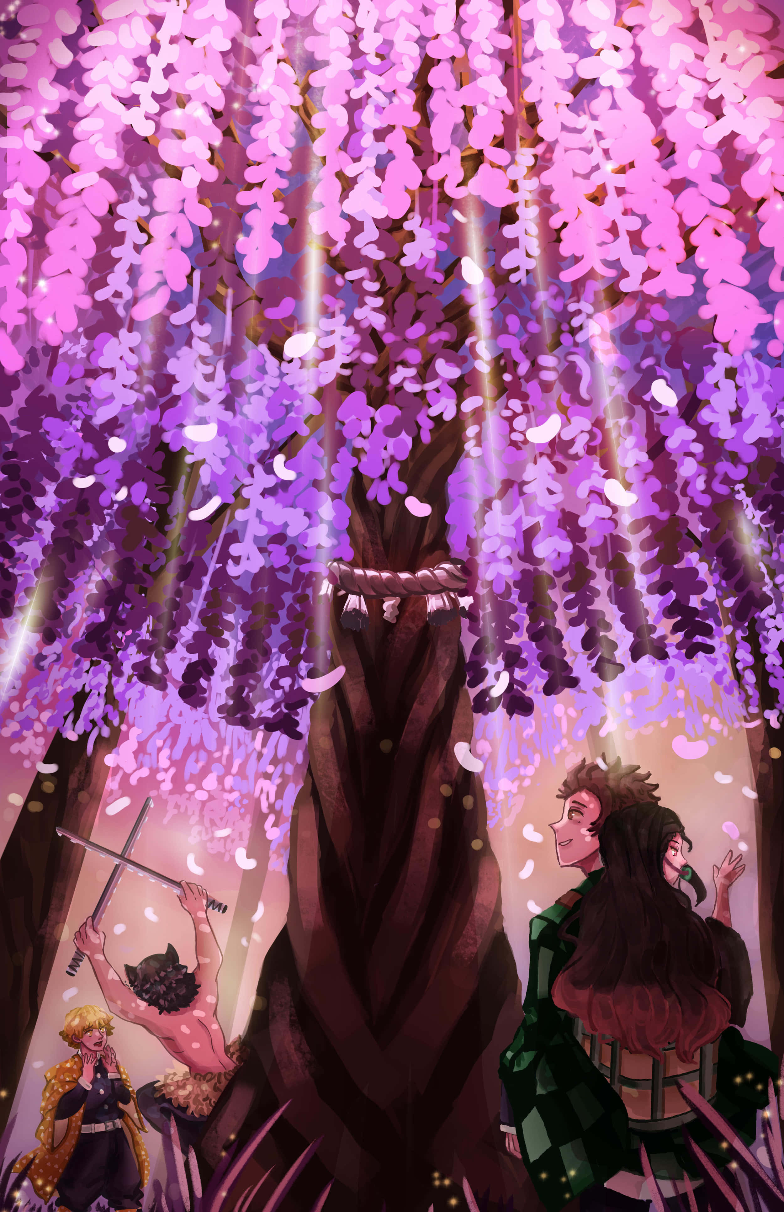 Demon Slayer Scenery, cherry blossom tree, wisteria tree, 4K Phone Wallpaper