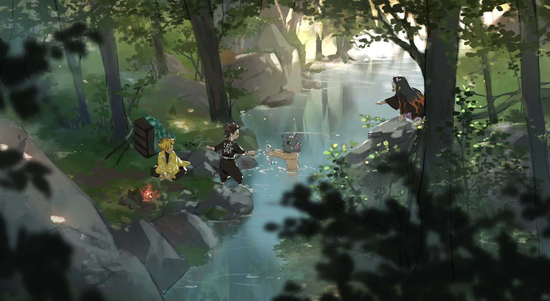 Demon Slayer Scenery, anime characters, forest stream, HD Desktop Wallpaper