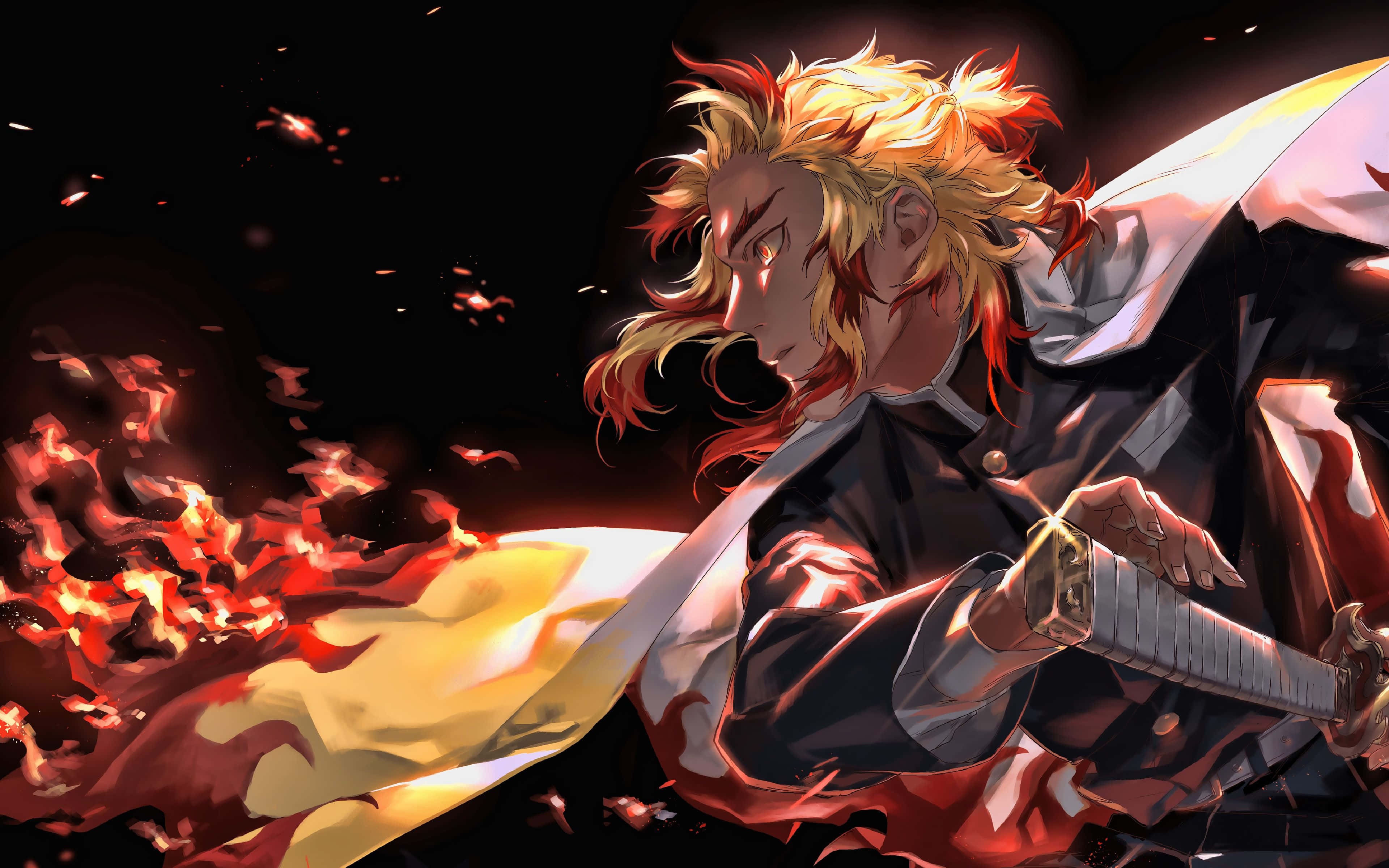 Demon Slayer Season 2, fiery-haired anime warrior, glowing sword, 4K Desktop Wallpaper