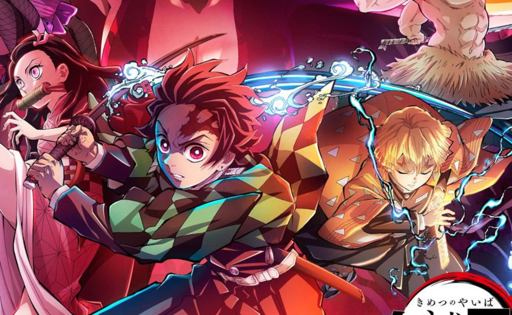 Demon Slayer Season 2, glowing swords, vibrant red and blue battle scene, HD Desktop Wallpaper