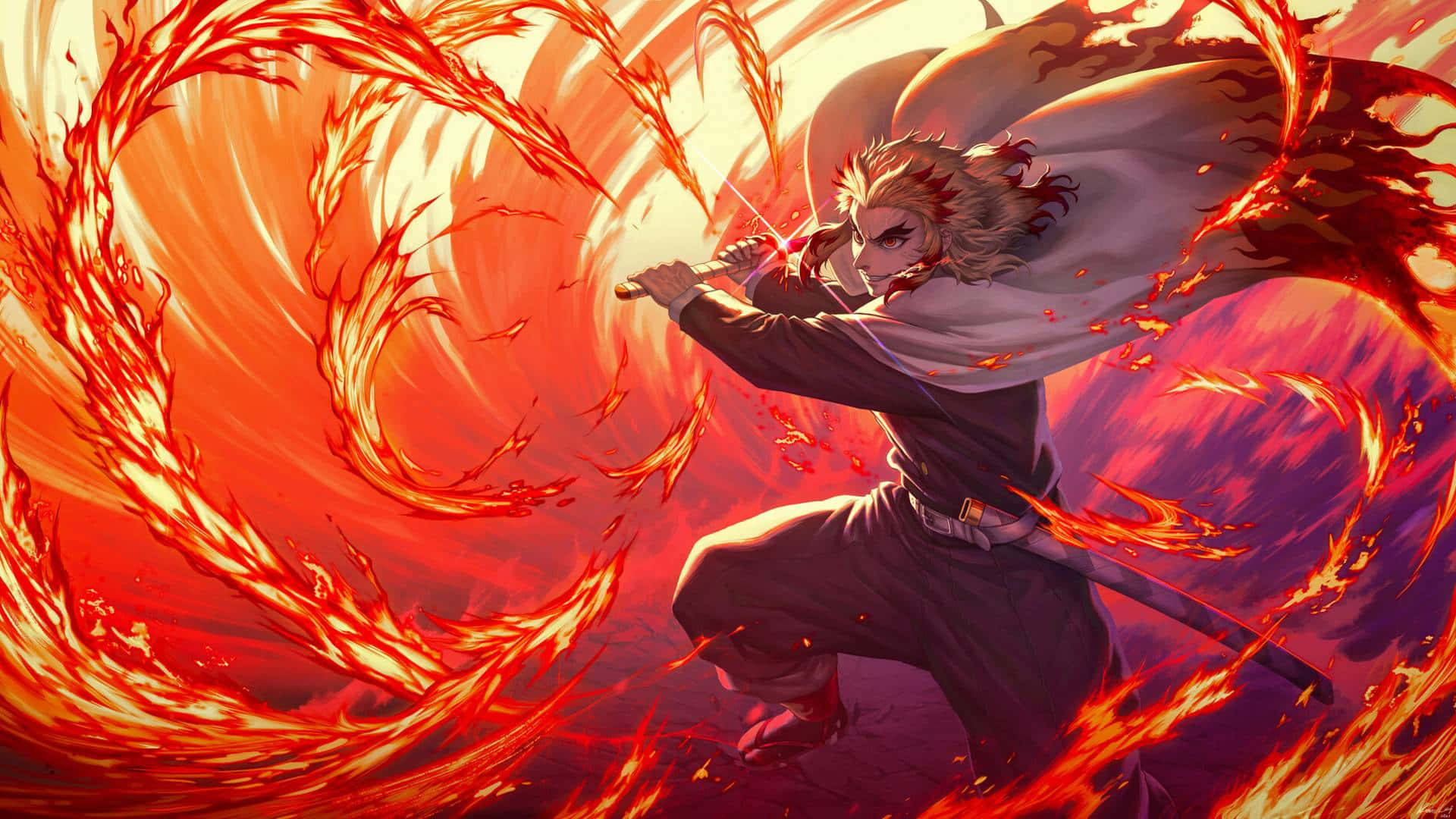 Demon Slayer Season 2, fiery-haired anime warrior, red flames, Full HD Desktop Wallpaper