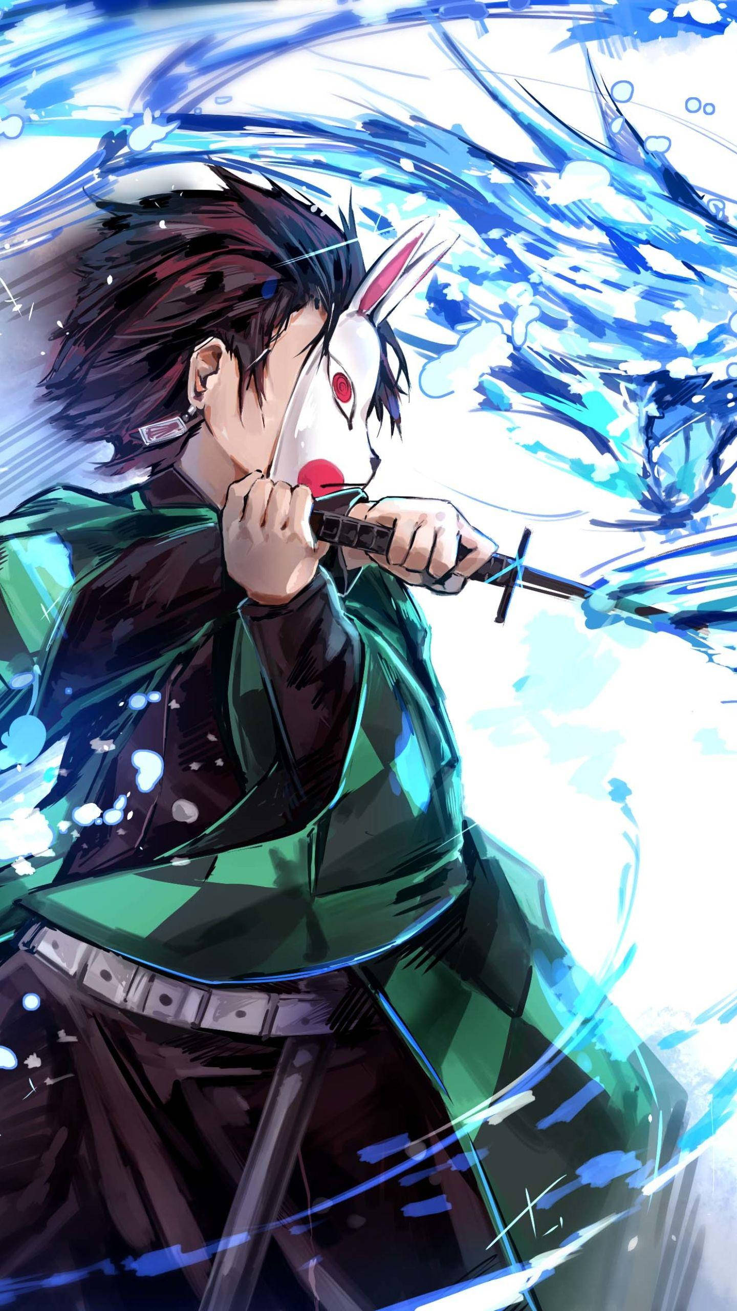 Demon Slayer, Tanjiro, swirling blue water, 2K Phone Wallpaper