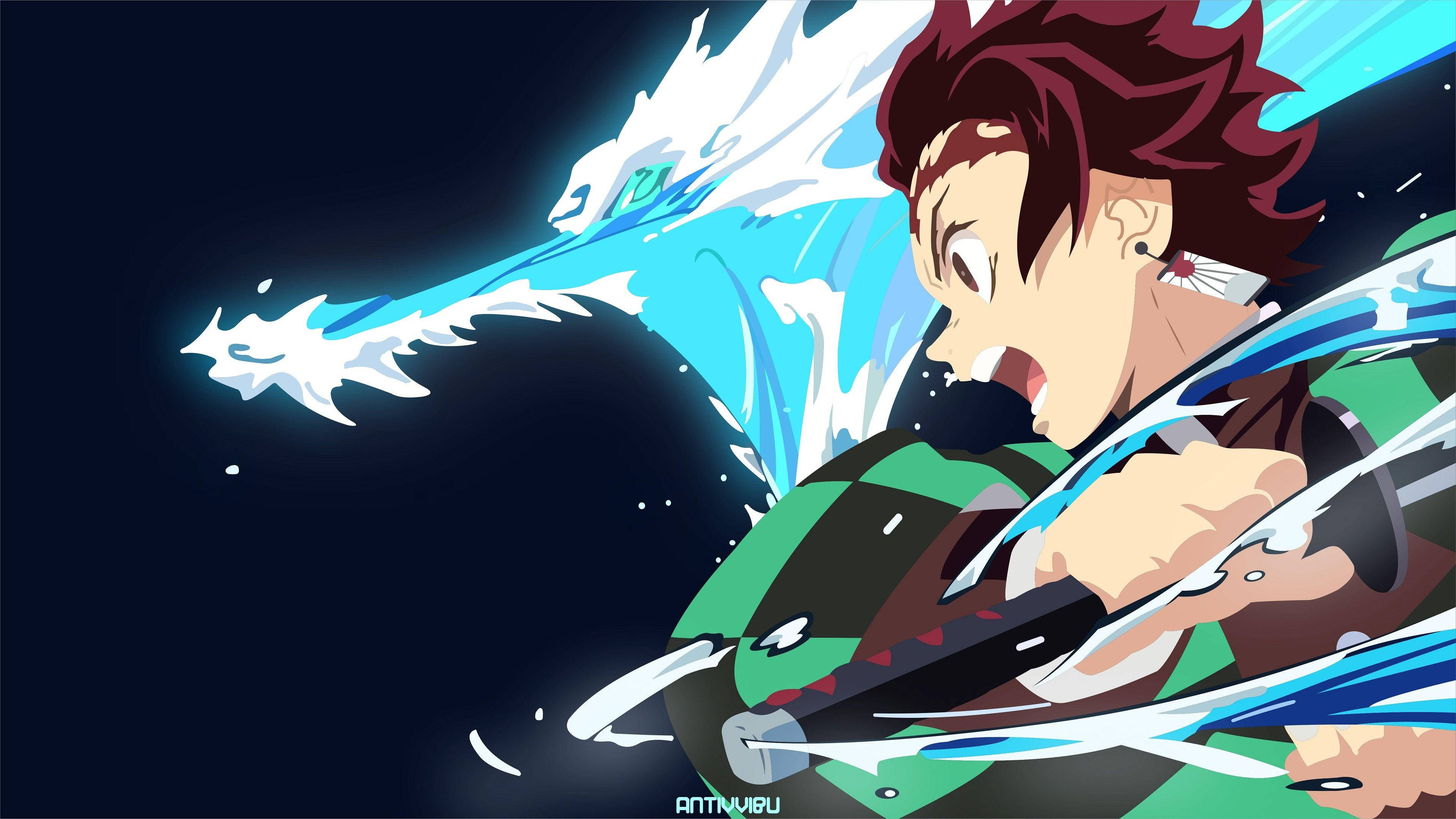 Demon Slayer, Tanjiro, glowing blue sword, 4K Desktop Wallpaper