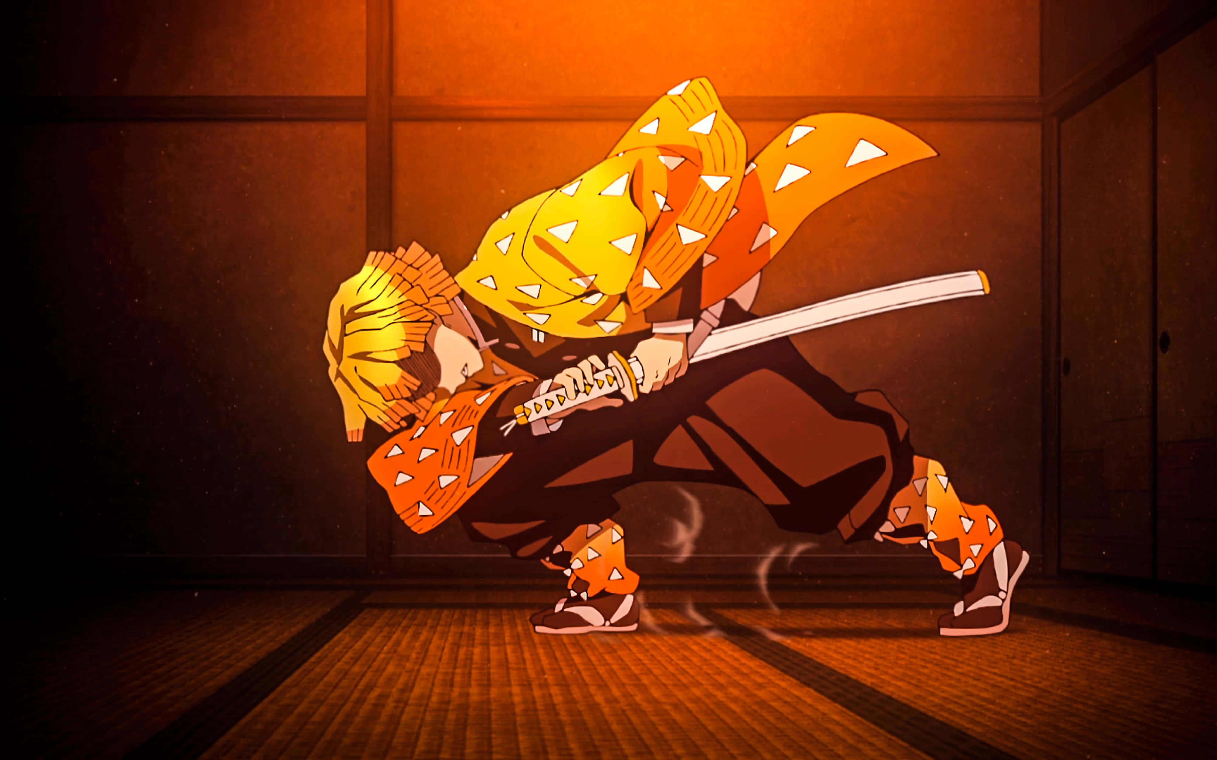 Demon Slayer, Zenitsu, orange kimono, 4K Desktop Wallpaper