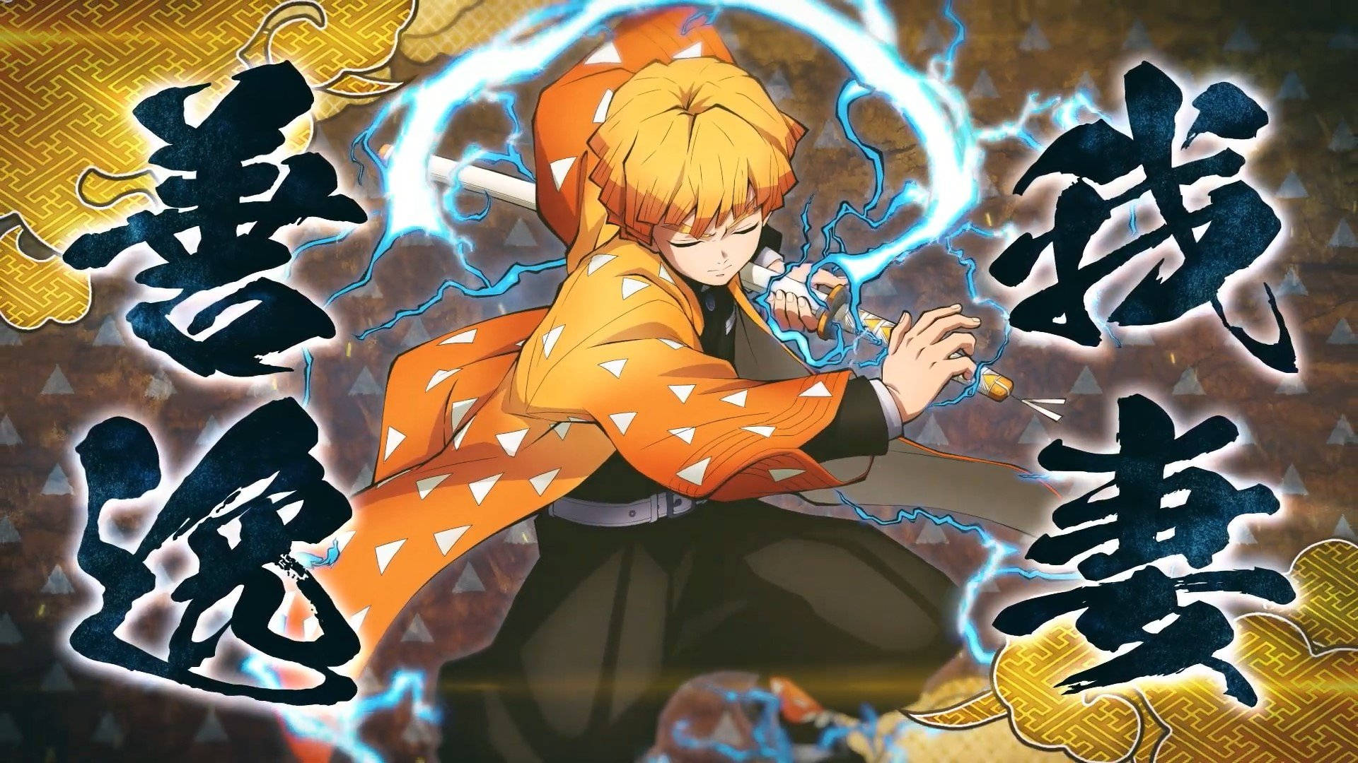 Demon Slayer, Zenitsu, orange kimono, Full HD Desktop Wallpaper