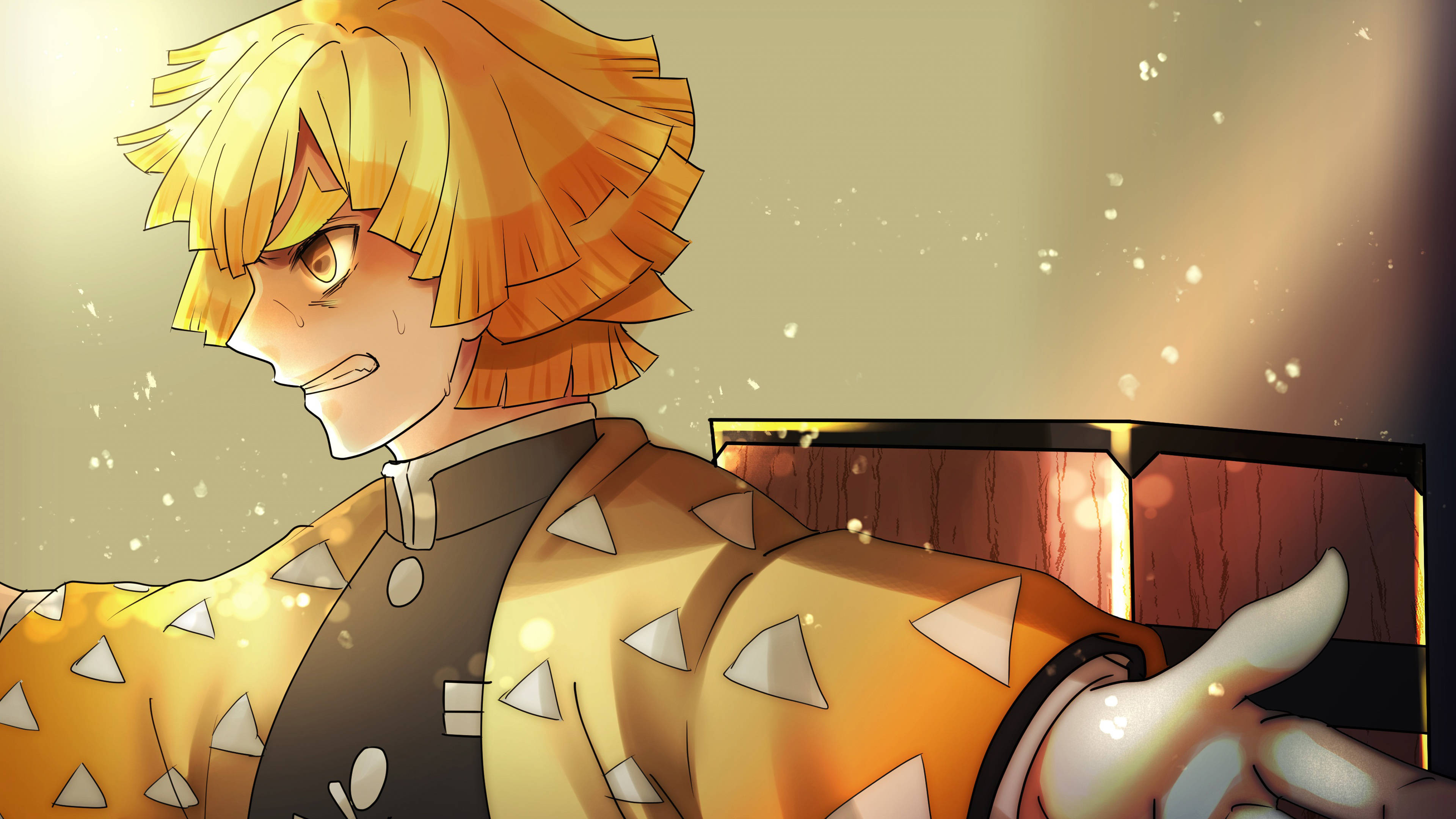 Demon Slayer Zenitsu, spiky blonde hair, golden eyes, 4K Desktop Wallpaper