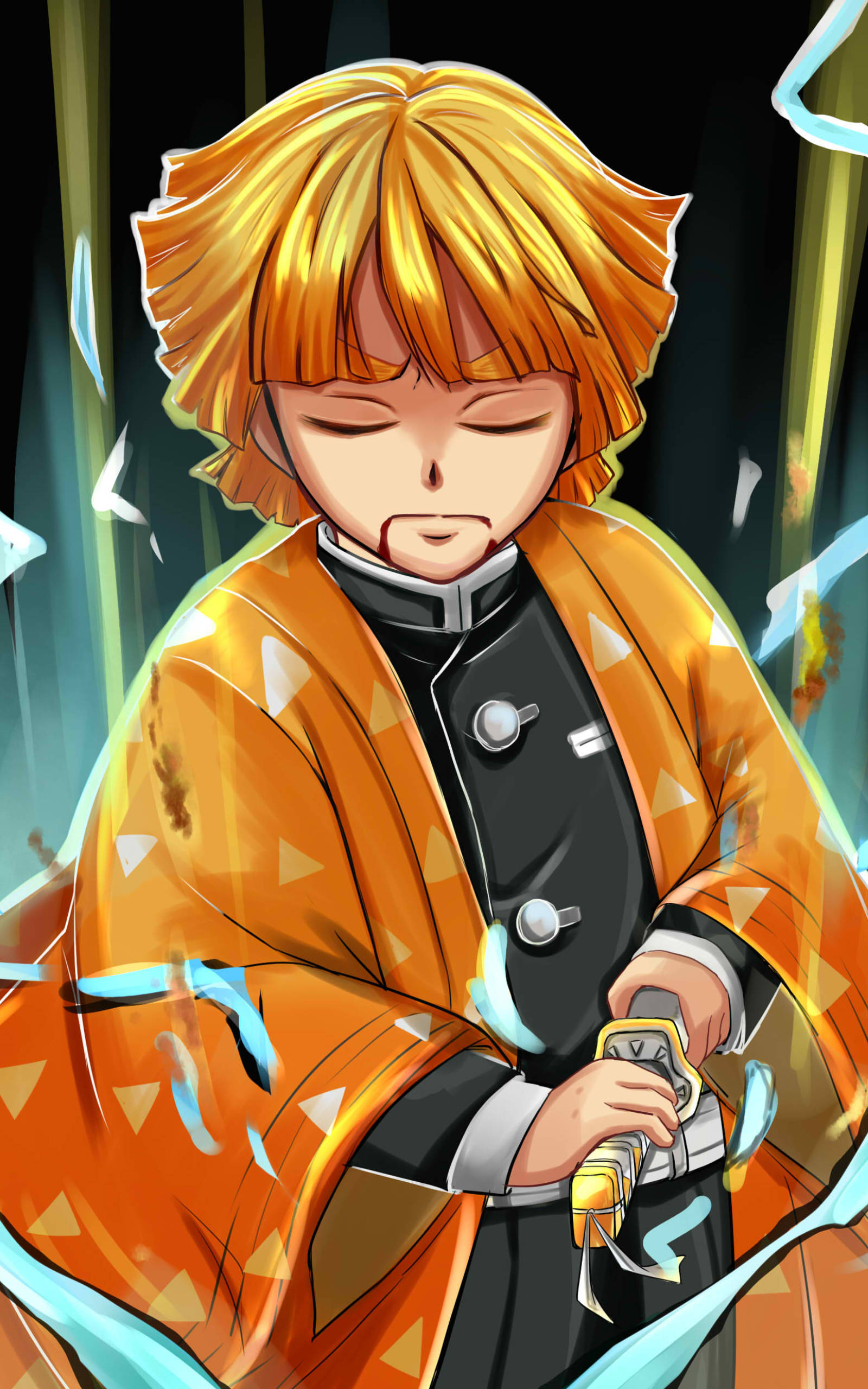 Demon Slayer Zenitsu, spiky orange hair, closed eyes, 2K Phone Wallpaper