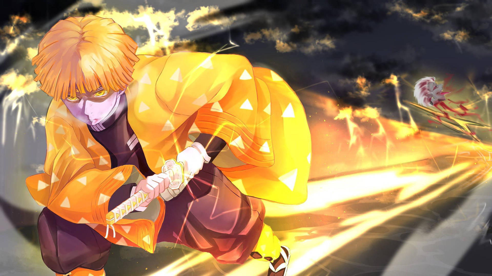 Demon Slayer, Zenitsu, fiery-haired anime warrior, Full HD Desktop Wallpaper