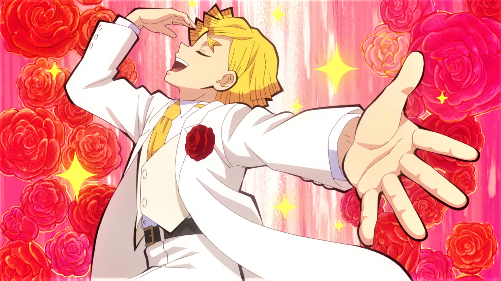 Zenitsu, white suit, red roses, Full HD Desktop Wallpaper