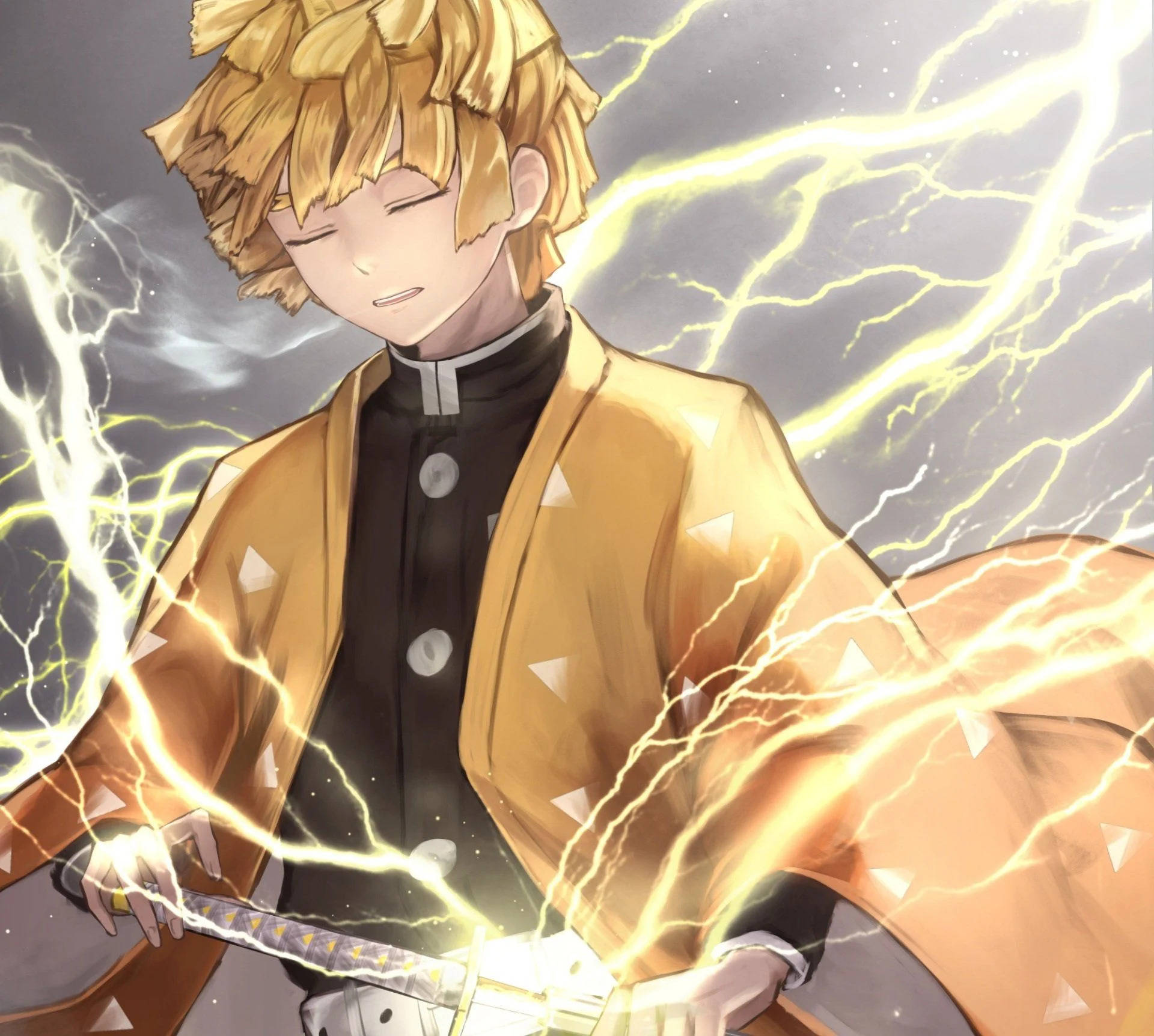 Demon Slayer, Zenitsu, golden hair, Full HD Desktop Wallpaper