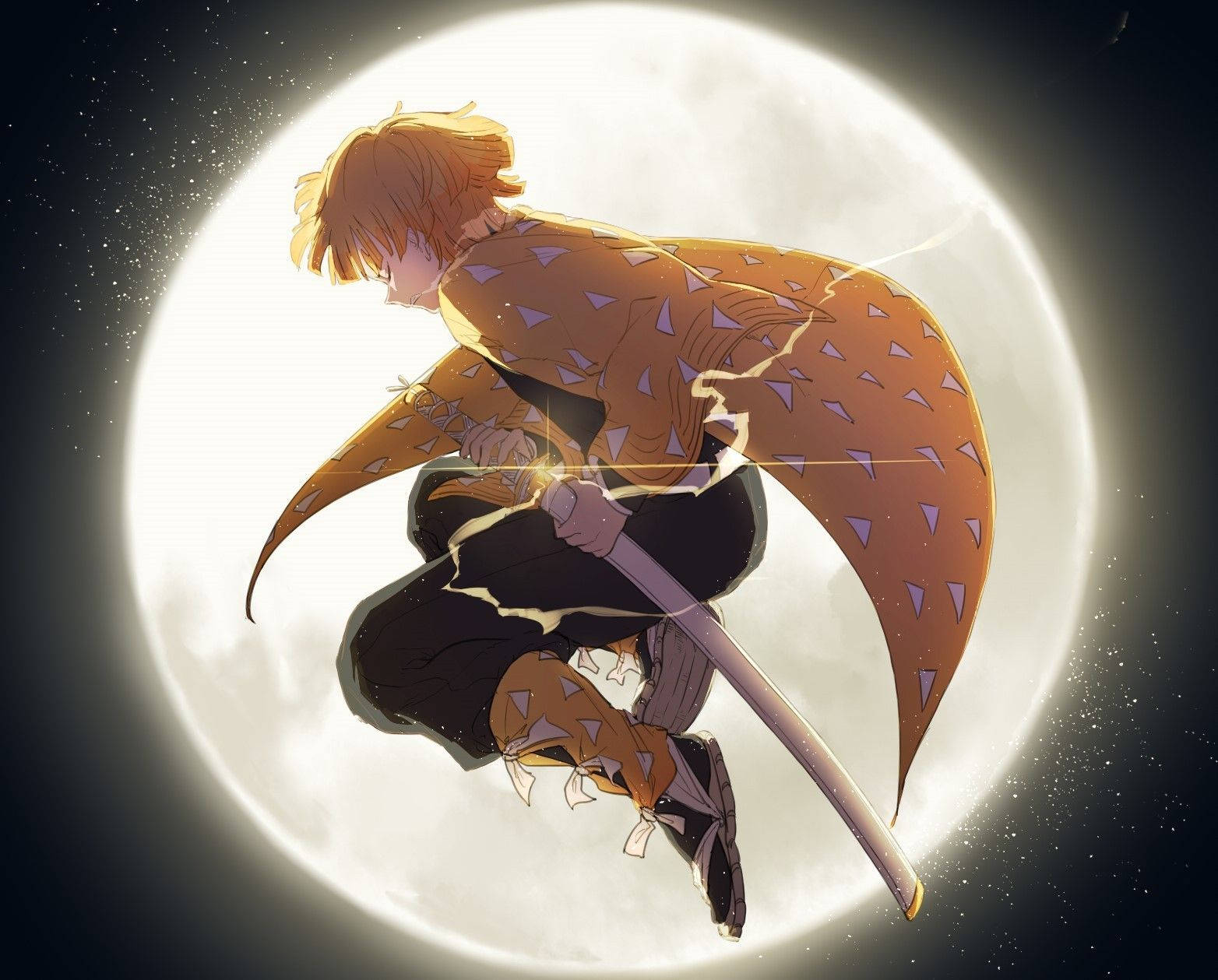 Demon Slayer Zenitsu, full moon, orange hair, HD Desktop Wallpaper