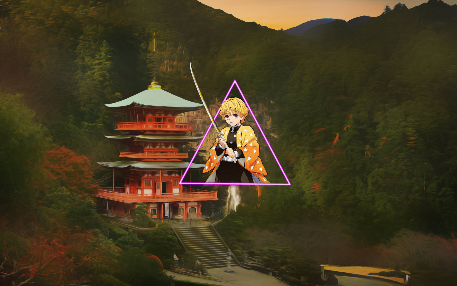 Zenitsu, pink triangle, glowing purple triangle, Full HD Desktop Wallpaper