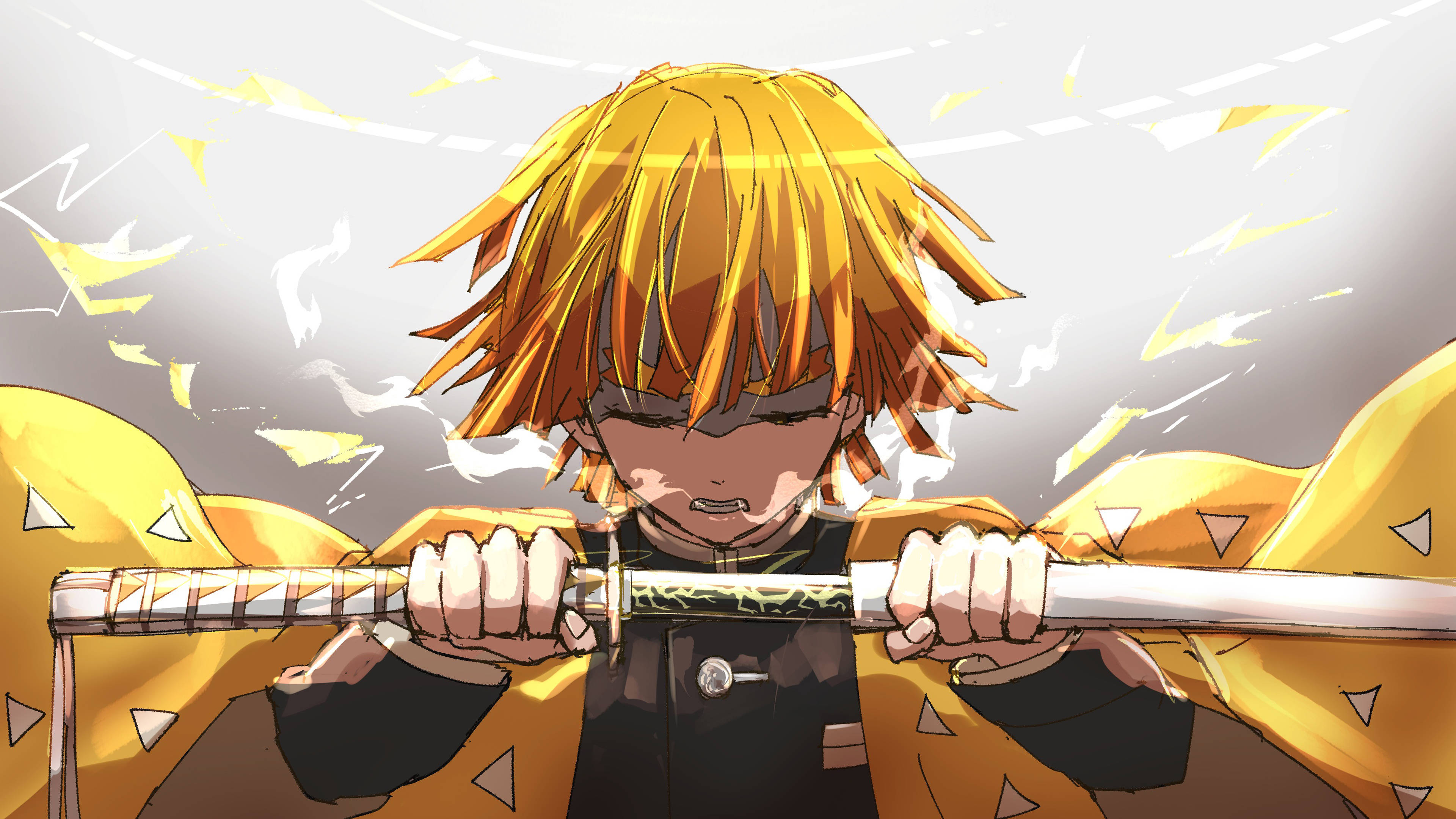 Demon Slayer Zenitsu, spiky orange hair, sword, 4K Desktop Wallpaper