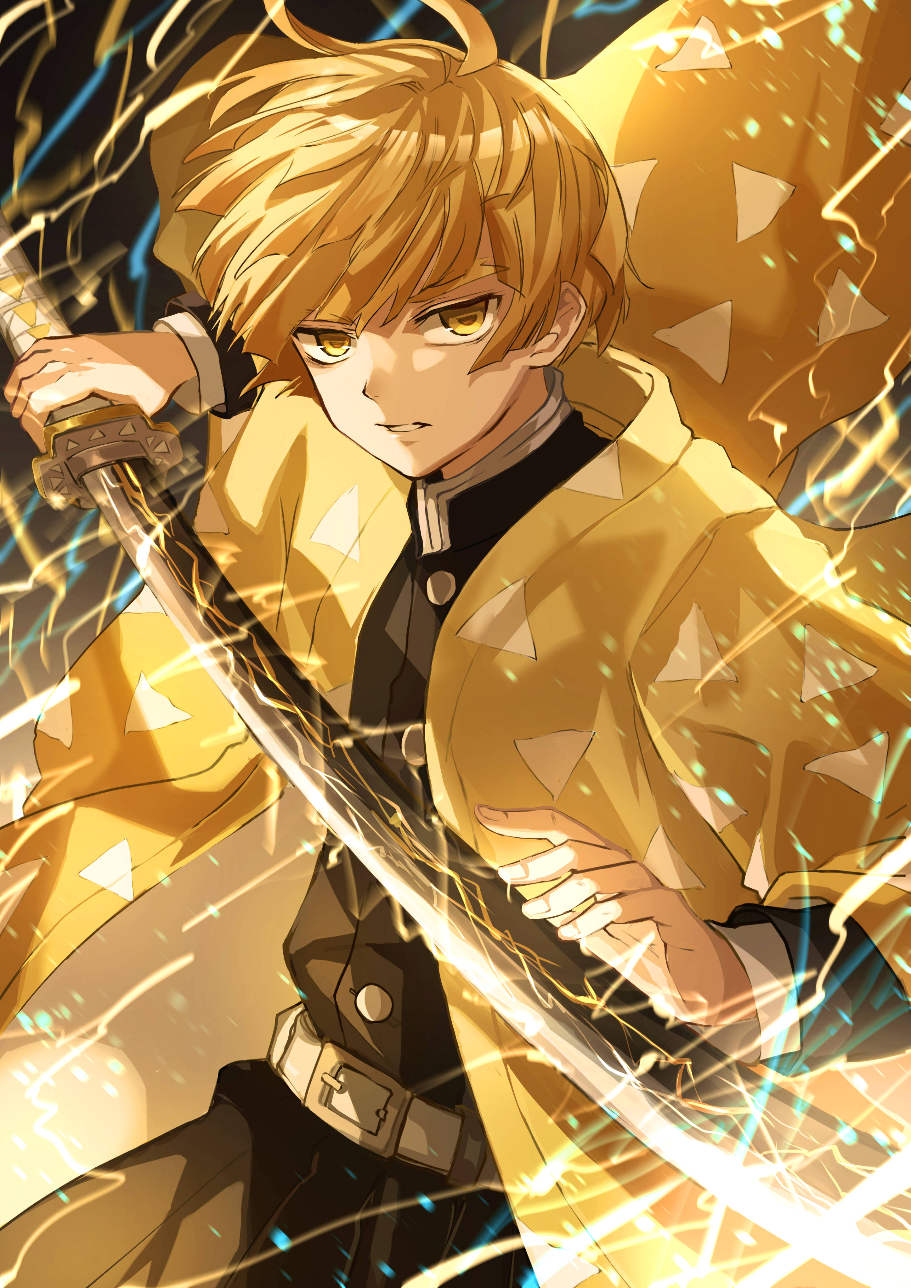 Demon Slayer, Zenitsu, golden hair, 4K Phone Wallpaper