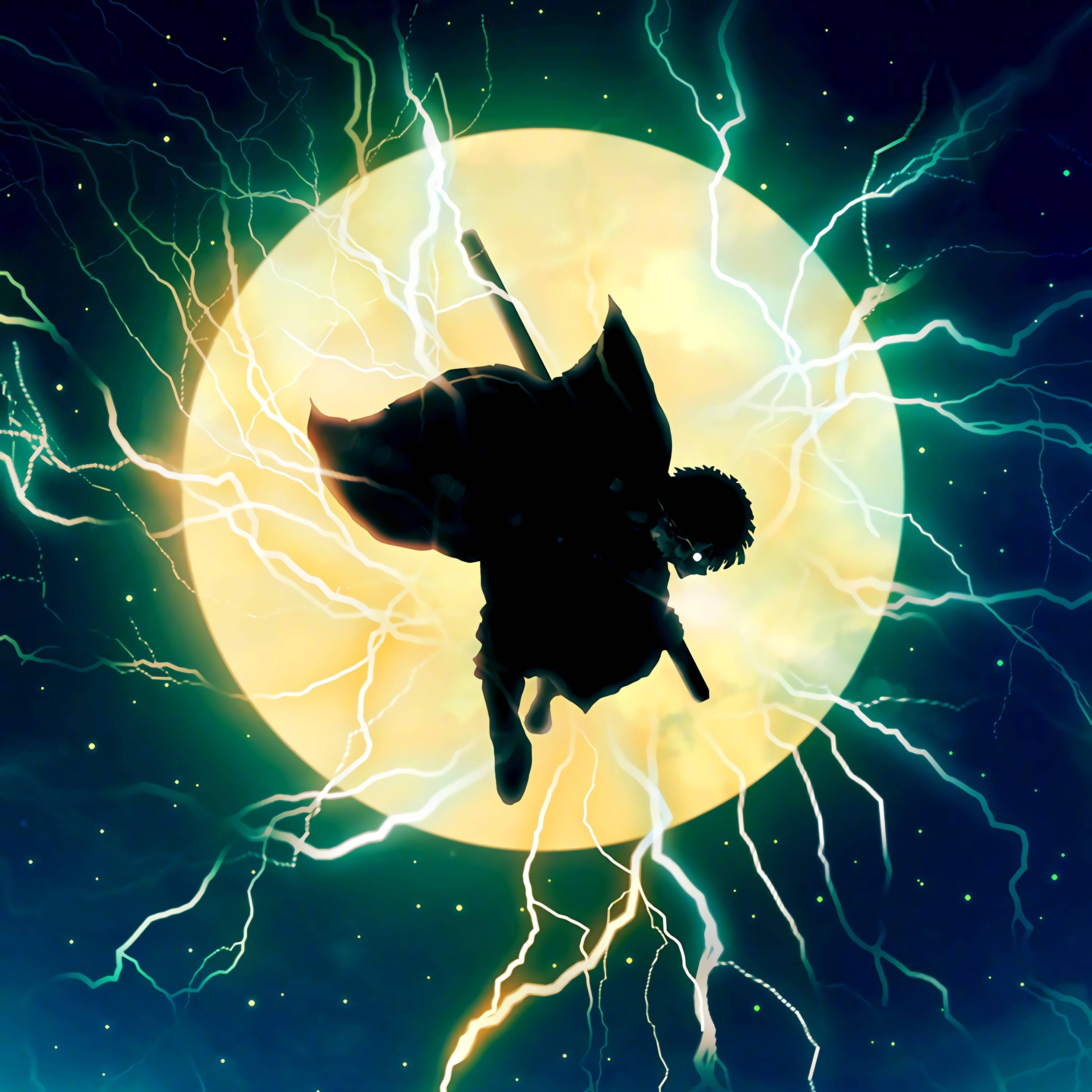 Demon Slayer Zenitsu, silhouette, glowing moon, 2K Desktop Wallpaper