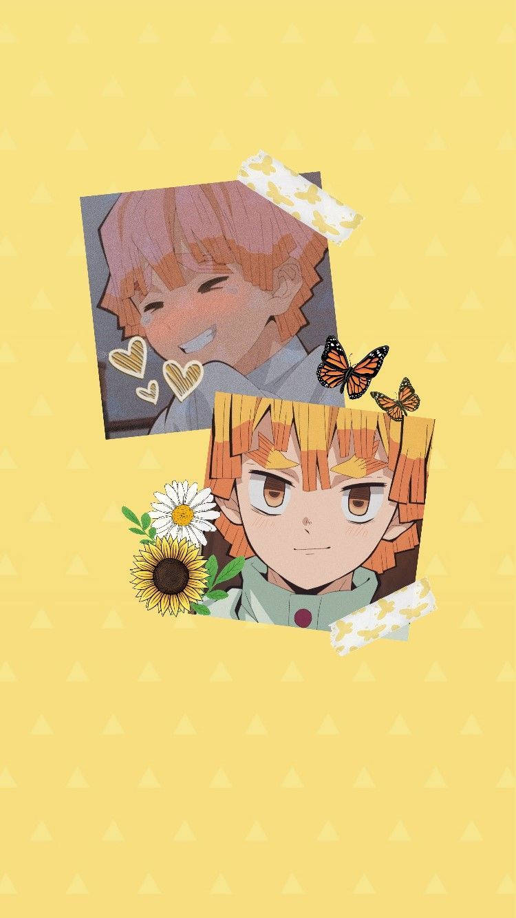 Zenitsu, orange hair, yellow background, HD Phone Wallpaper