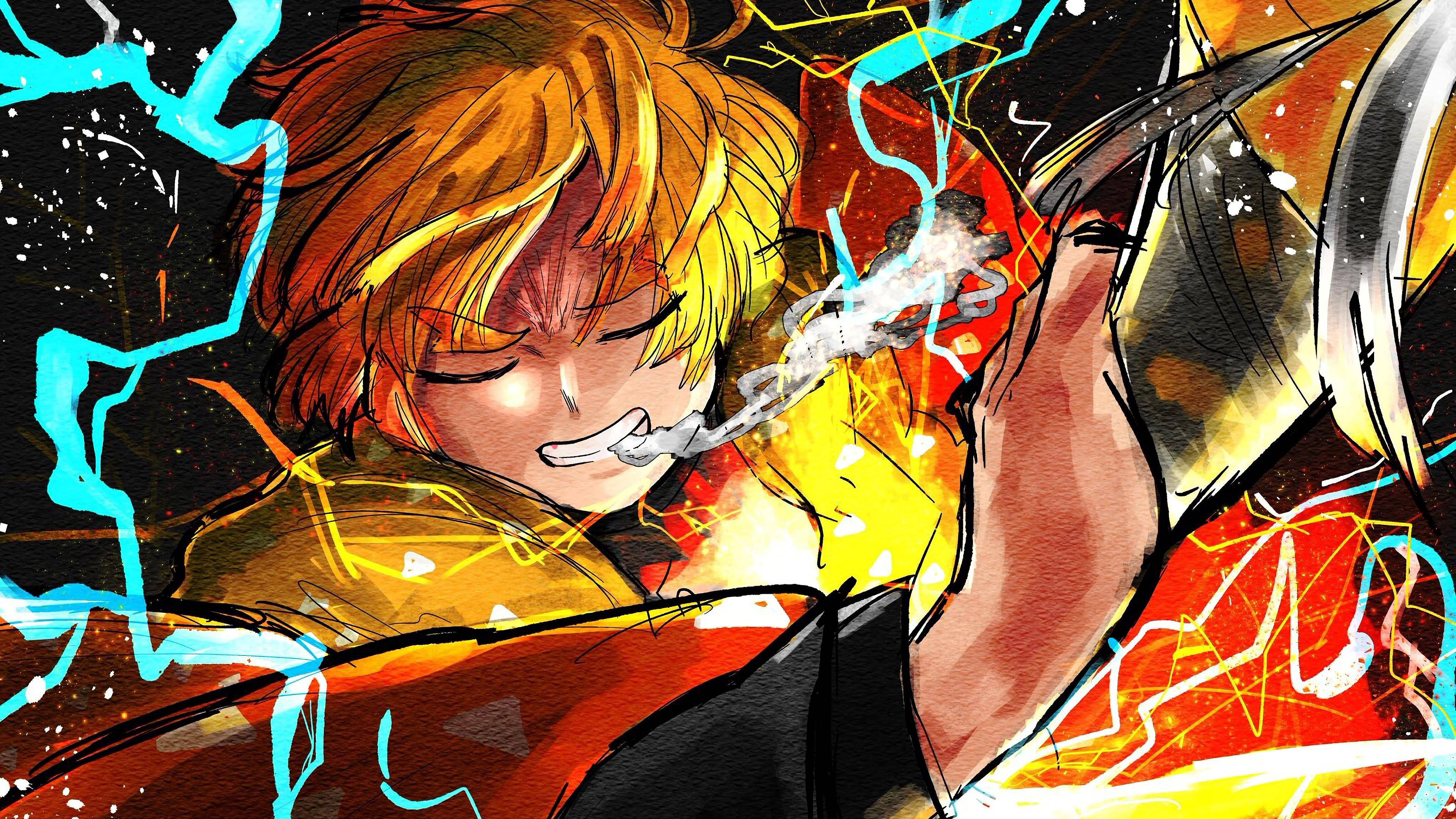 Demon Slayer Zenitsu, fiery-haired anime character, electric blue and orange energy bursts, 4K Desktop Wallpaper