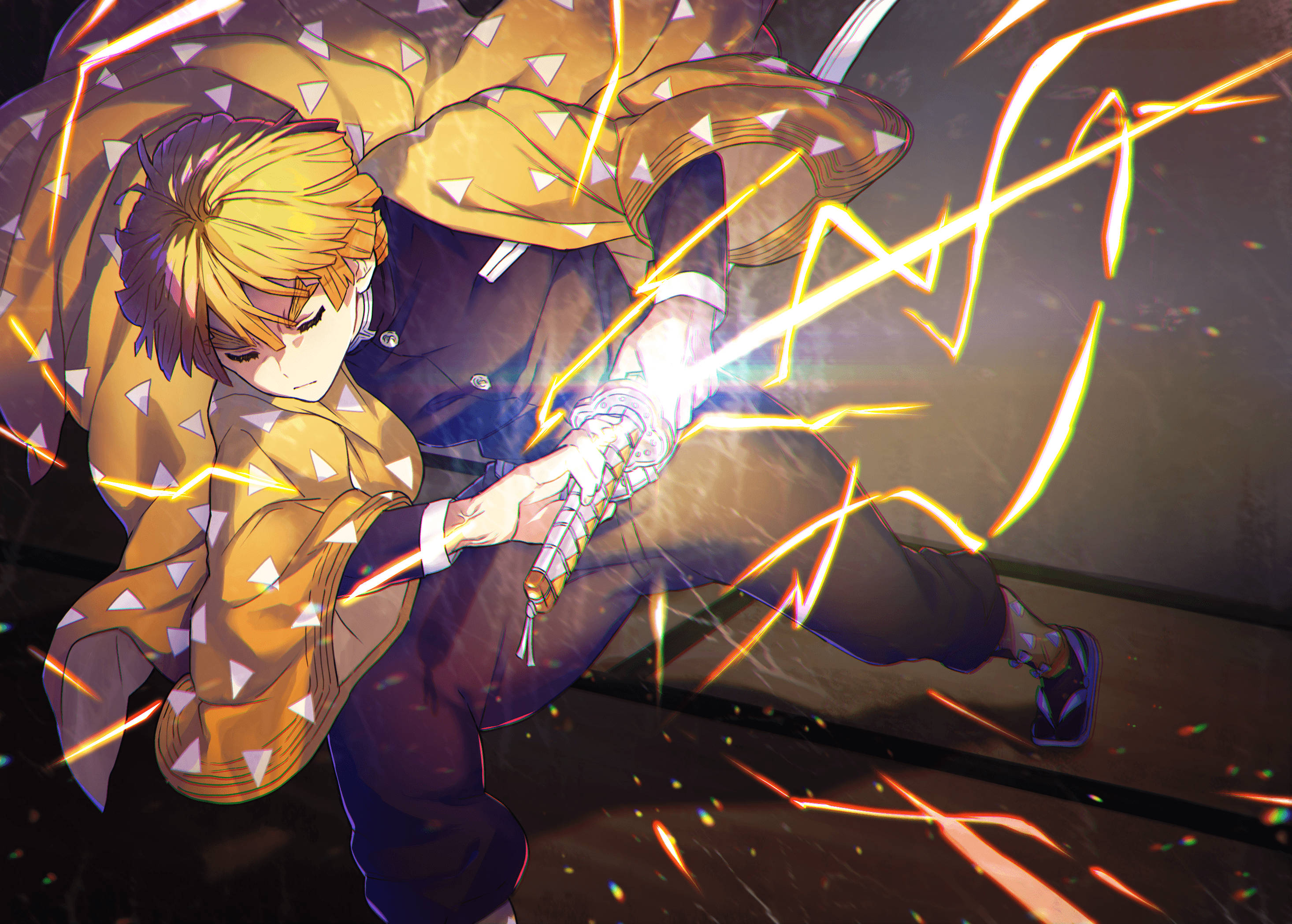 Demon Slayer Zenitsu, yellow patterned haori, glowing sword, 2K Desktop Wallpaper