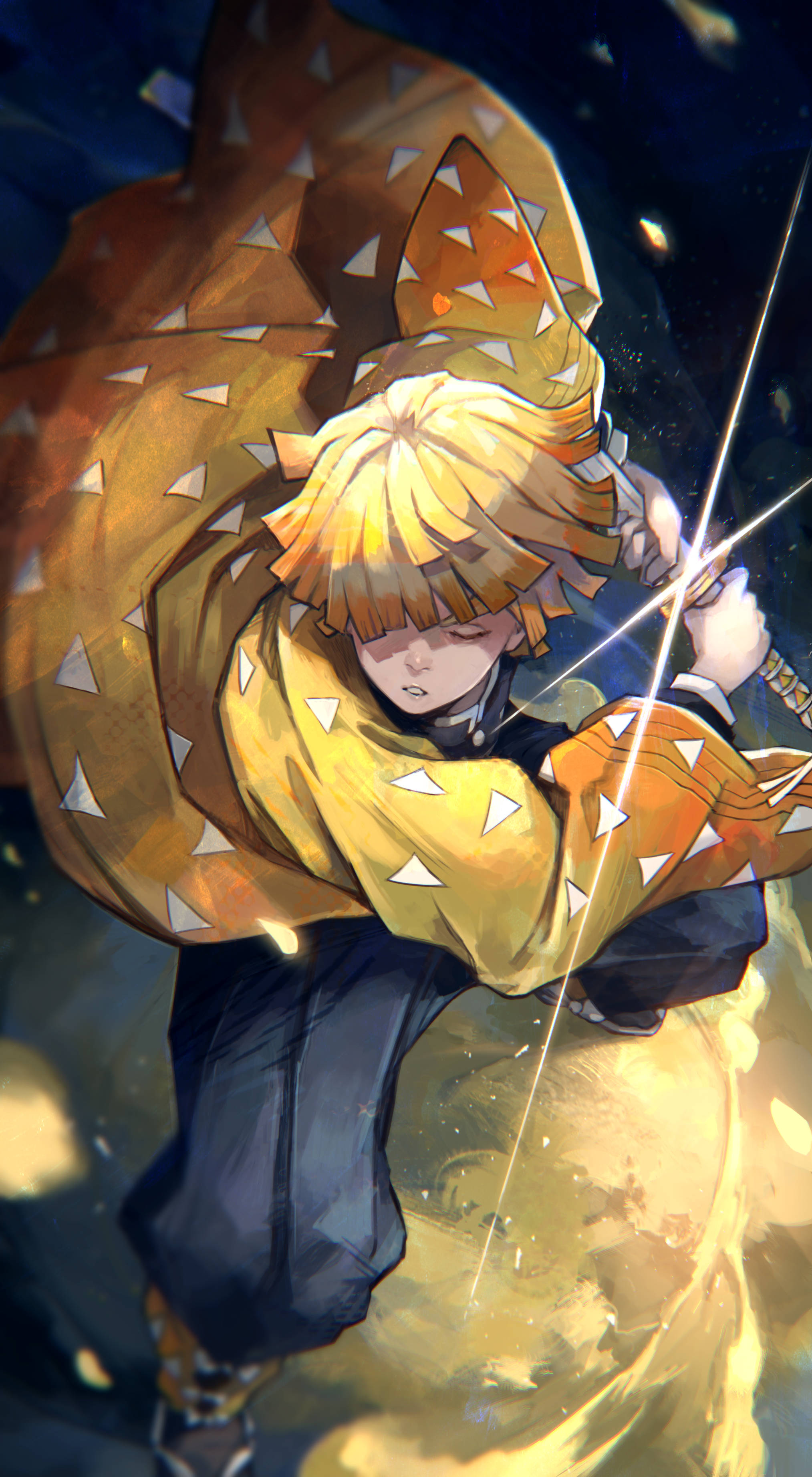 Demon Slayer Zenitsu, golden hair, spiked orange cloak, 2K Phone Wallpaper