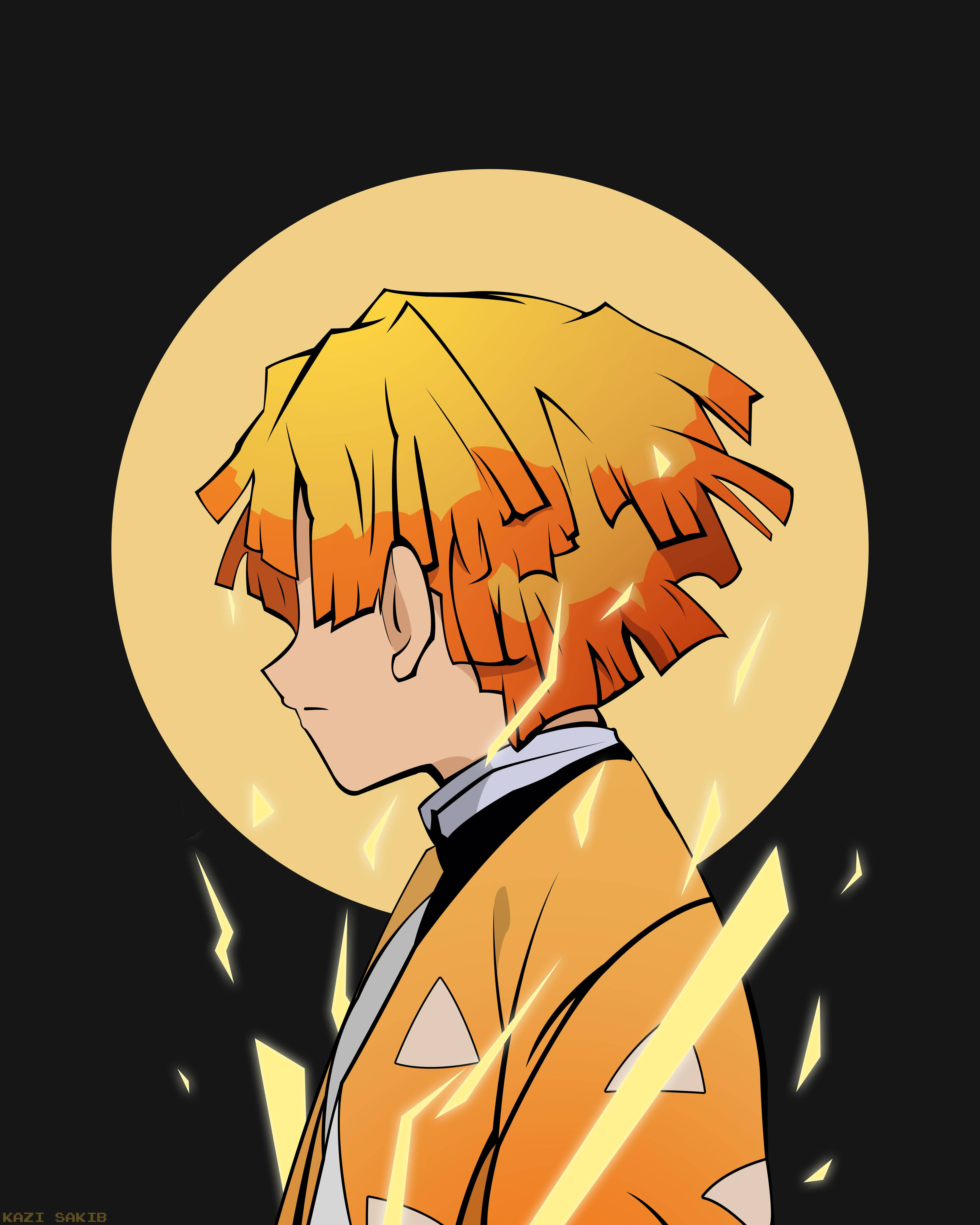 Demon Slayer Zenitsu, fiery orange hair, glowing yellow lightning effects, 5K Phone Wallpaper