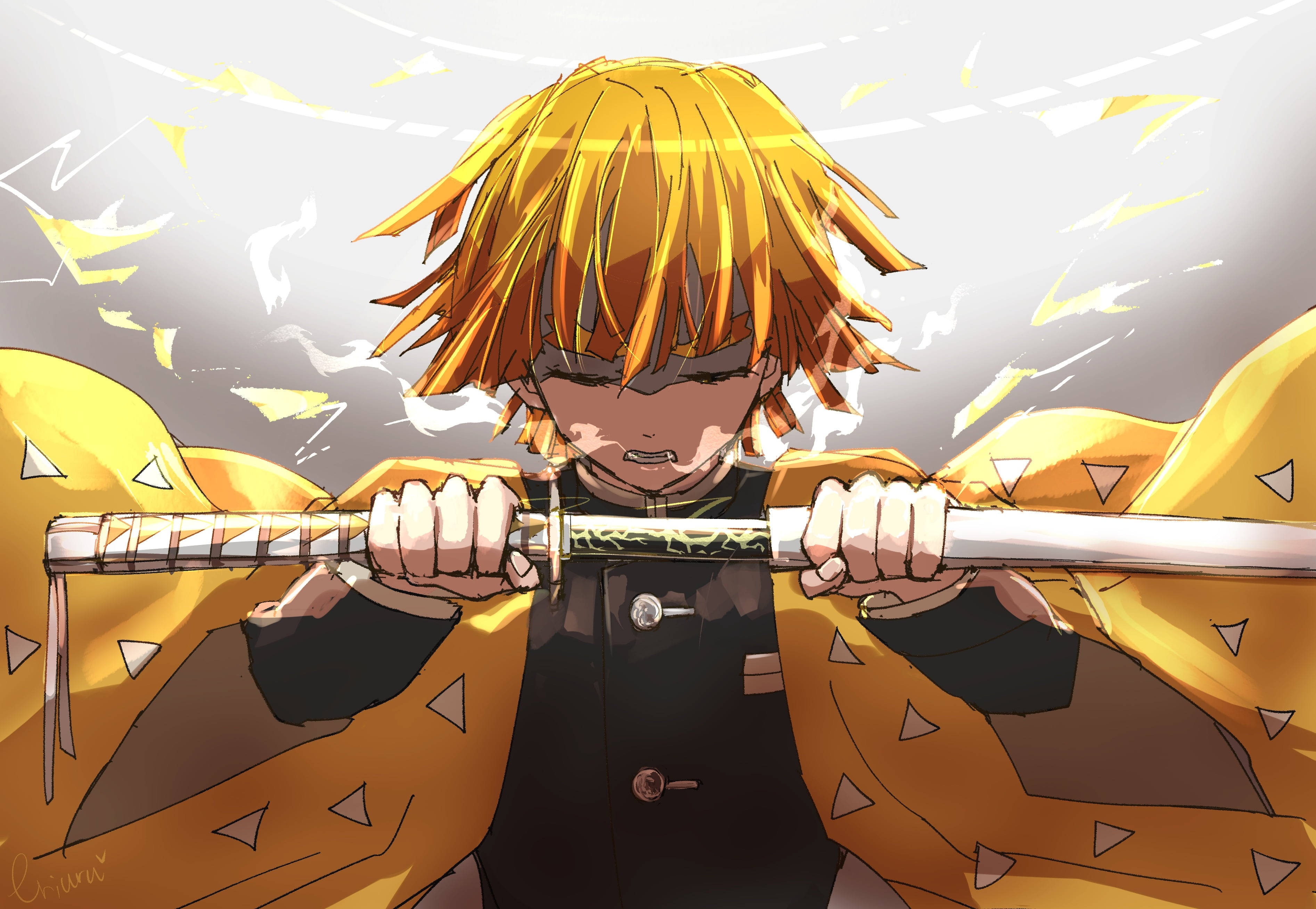 Zenitsu, katana, spiky orange hair, 2K Desktop Wallpaper