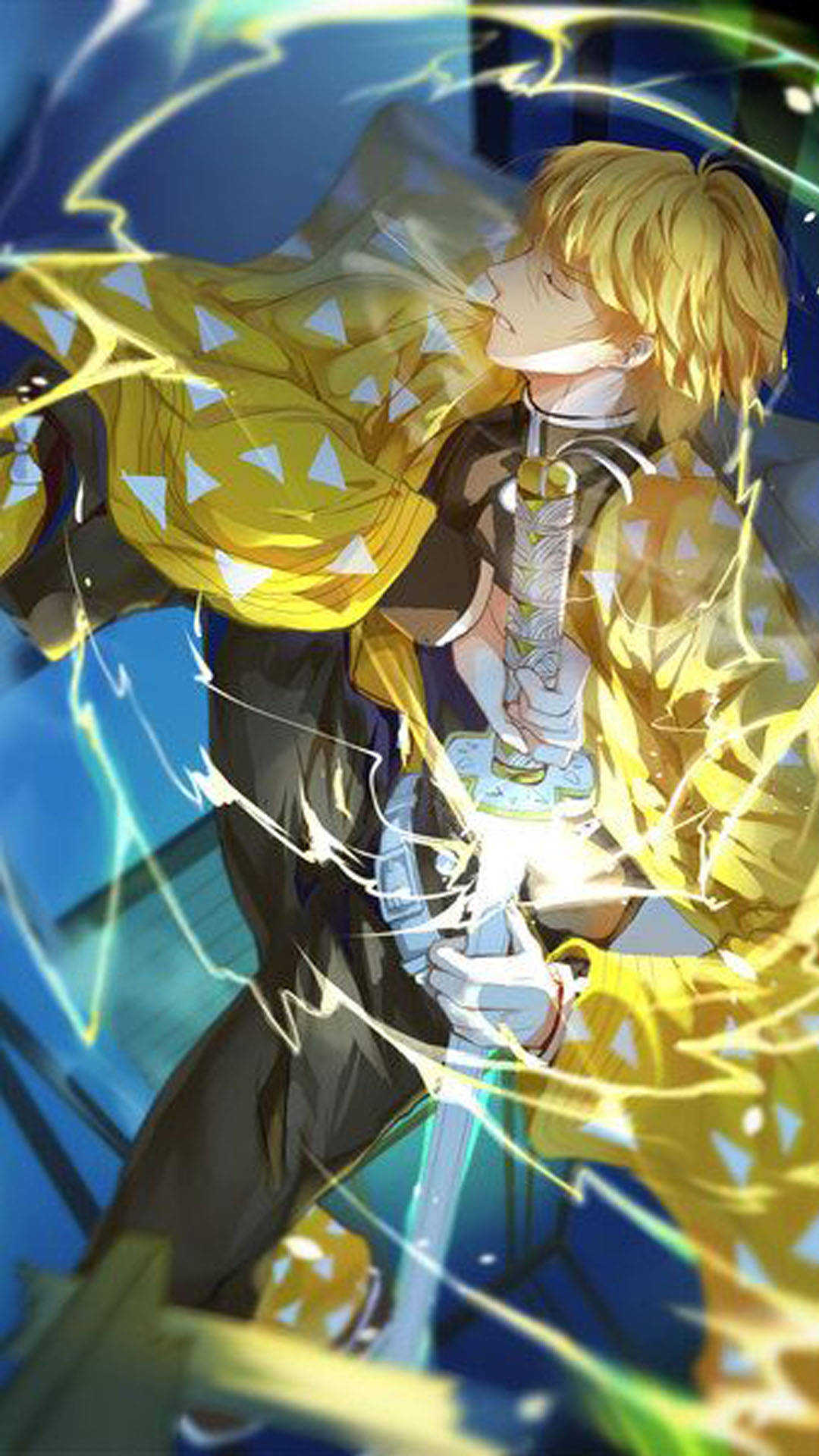 Demon Slayer Zenitsu, golden-haired anime warrior, yellow patterned cloak, Full HD Phone Wallpaper
