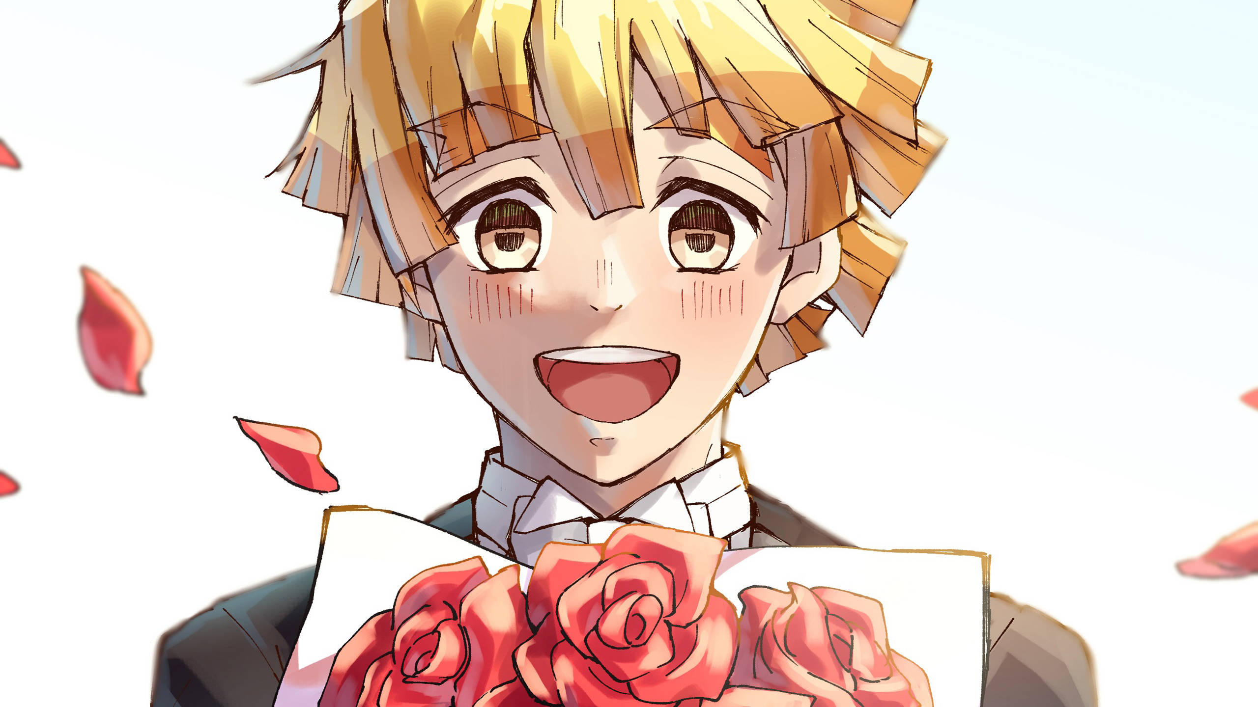 Demon Slayer Zenitsu, blonde hair, red roses, 2K Desktop Wallpaper