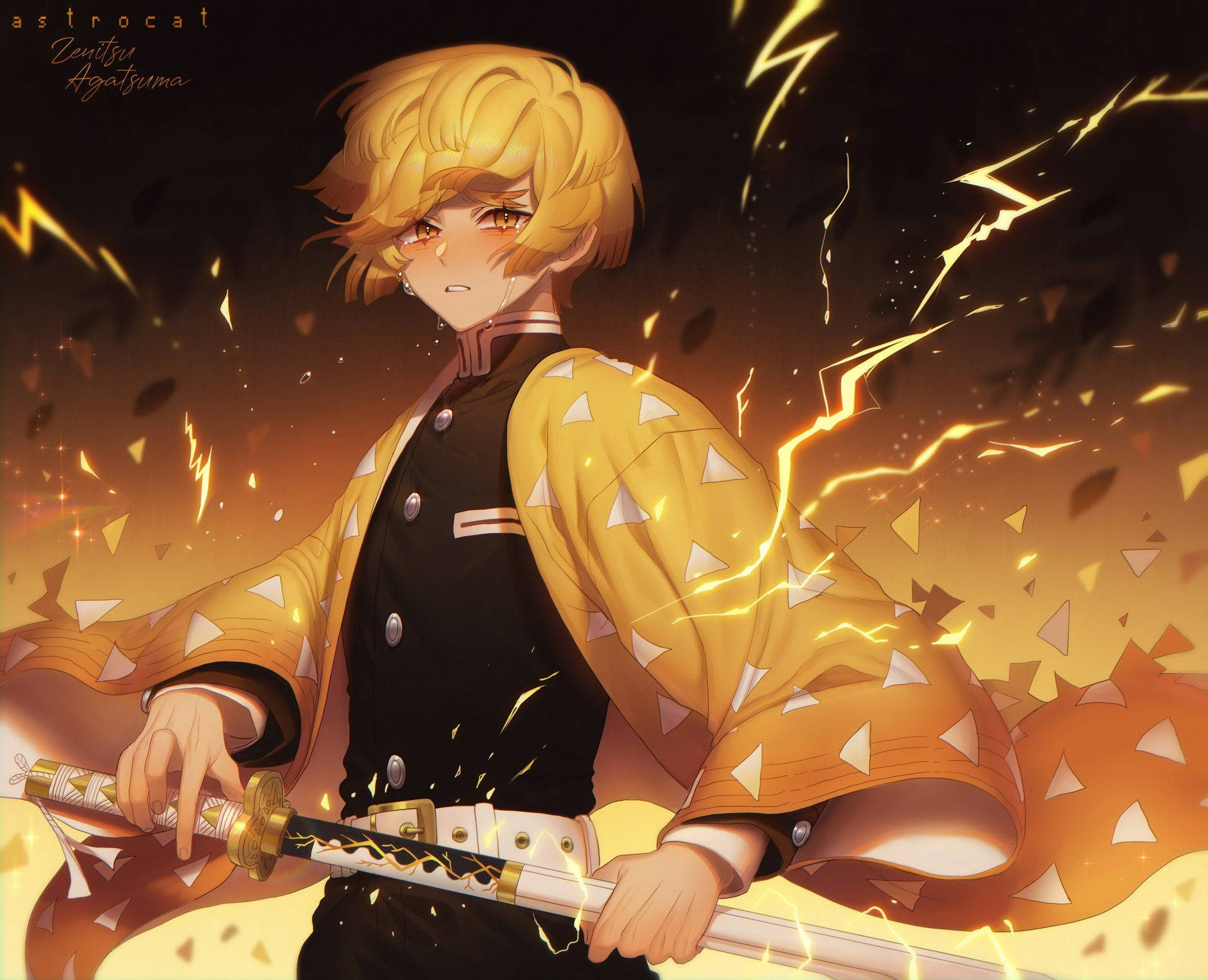 Demon Slayer, Zenitsu, golden-haired anime warrior, Full HD Desktop Wallpaper