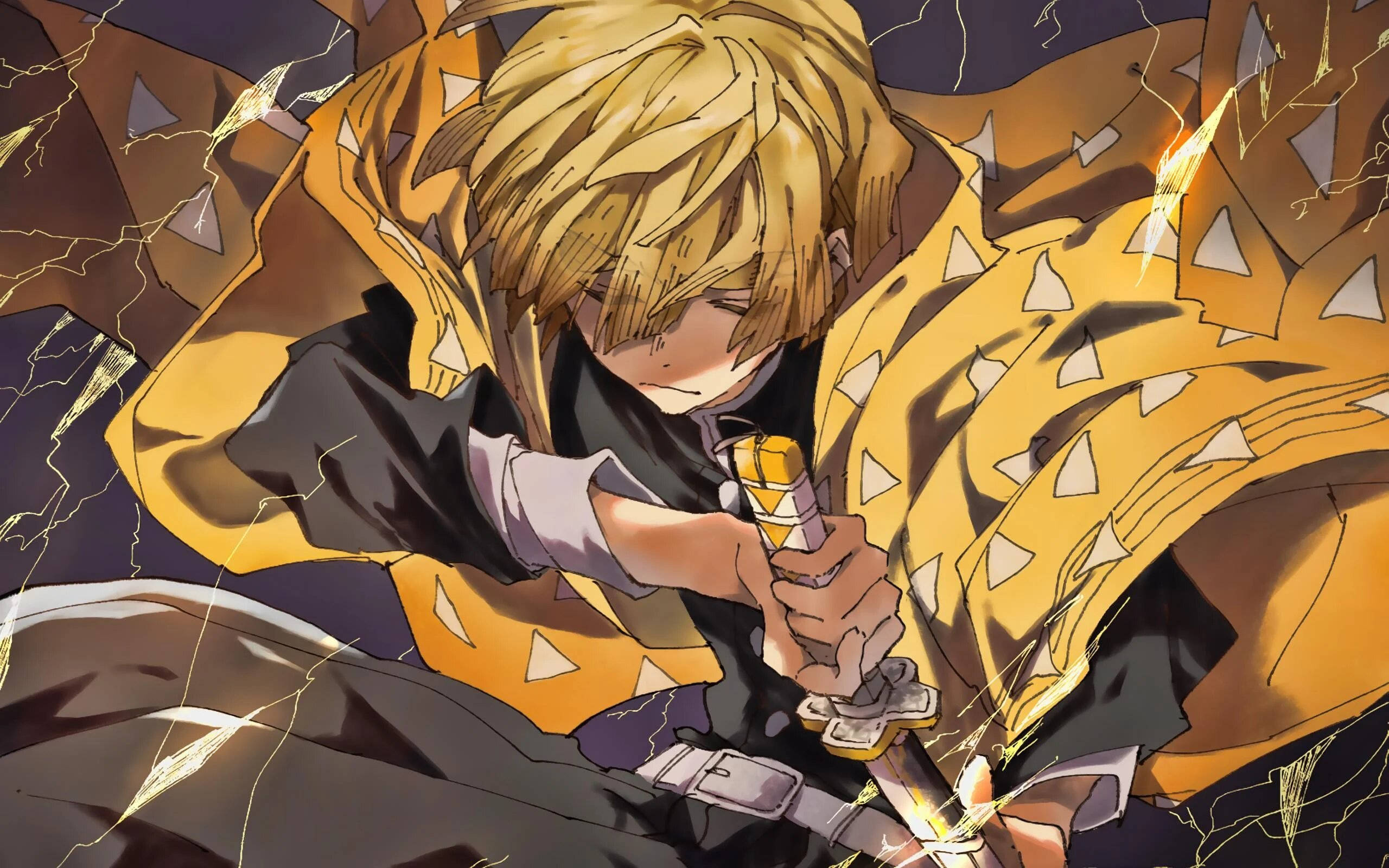 Demon Slayer, Zenitsu, blonde anime warrior, 2K Desktop Wallpaper