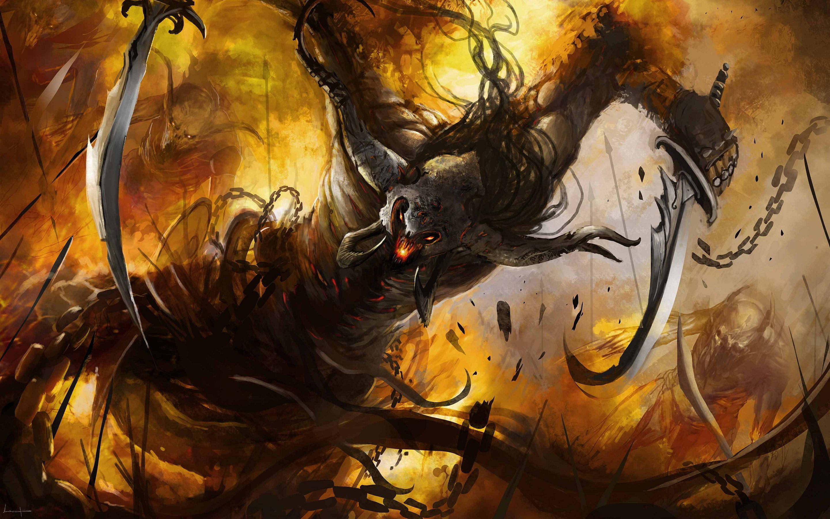 destructive demon, curved swords, glowing red eyes, 2K Desktop Wallpaper