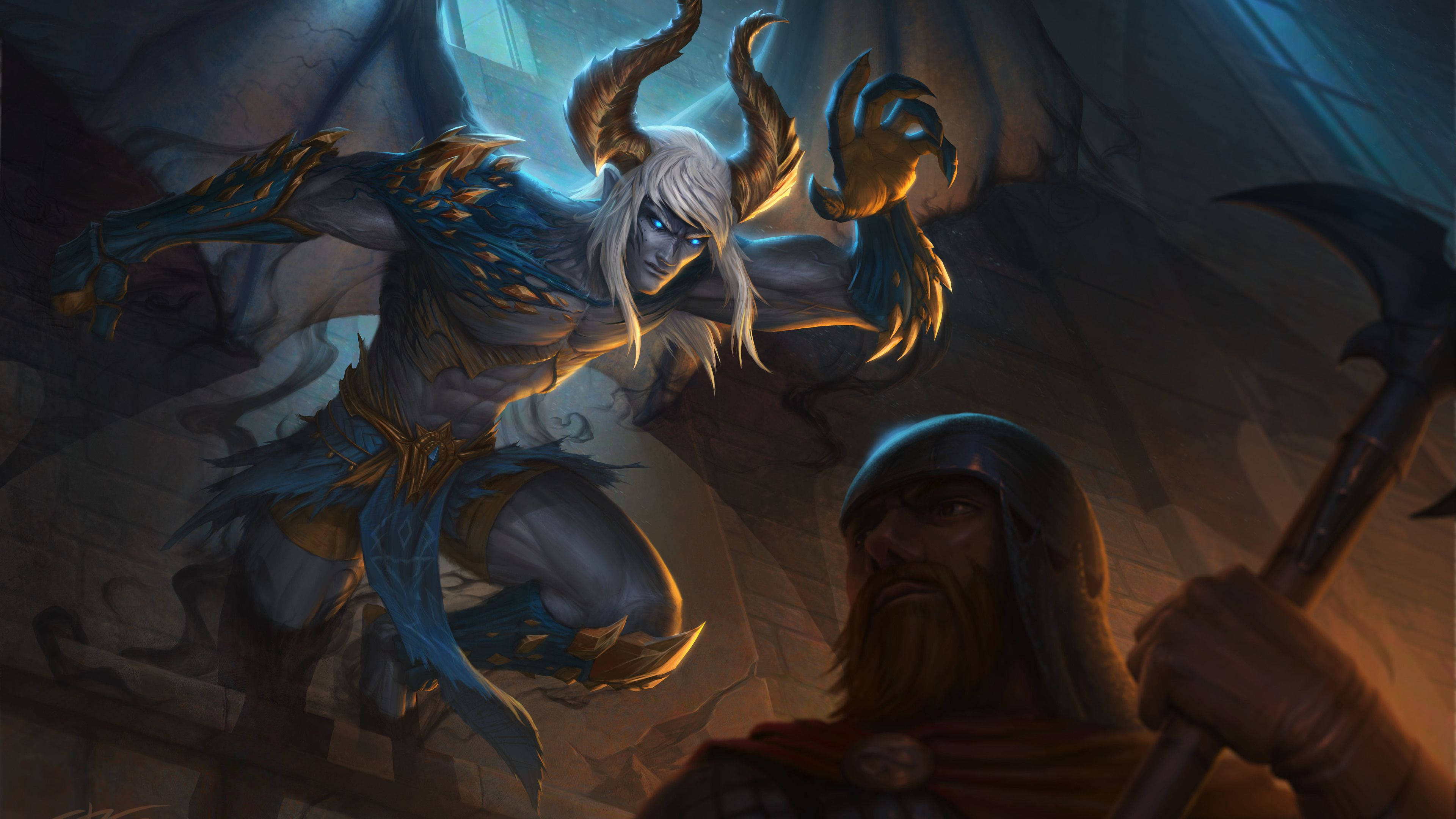 blue-skinned demon, glowing eyes, horned demon, 4K Desktop Wallpaper