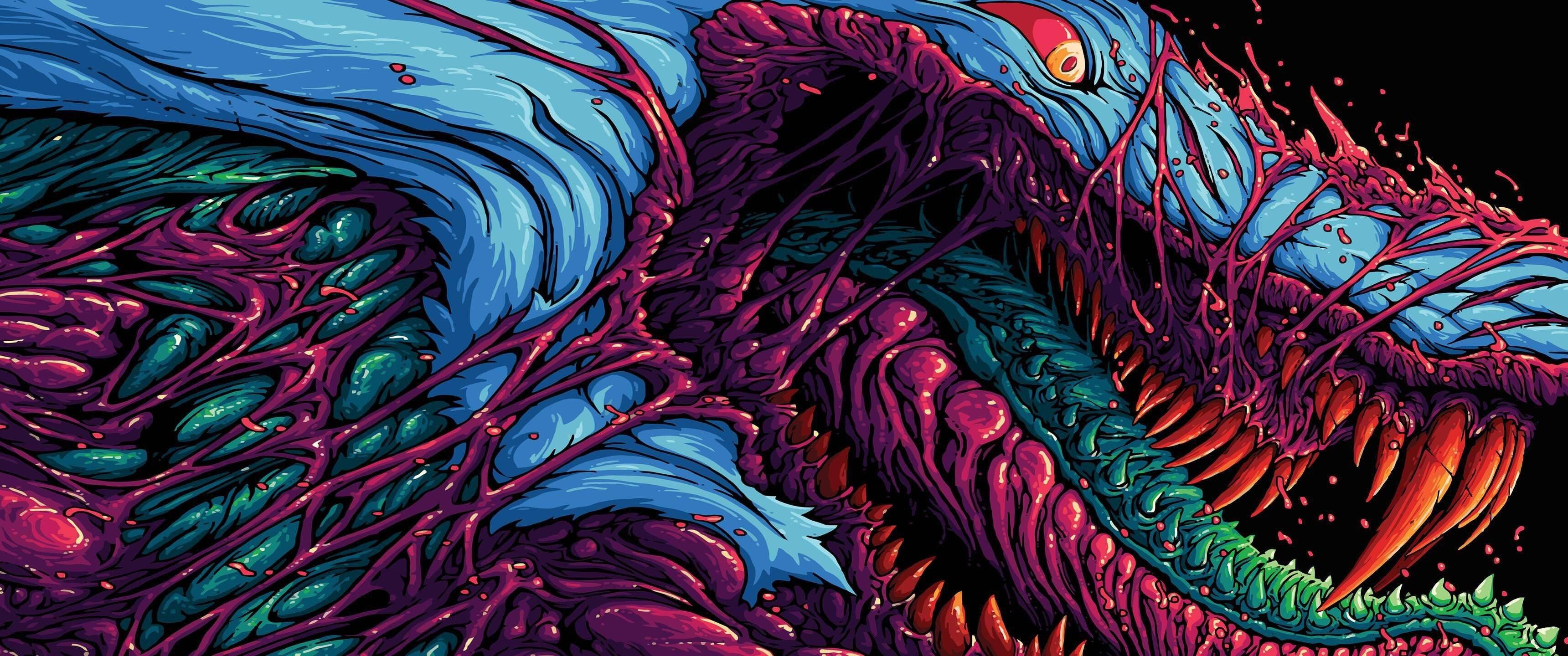 blue scaled demon dragon, blue and purple tentacles, glowing orange eyes, 2K Desktop Wallpaper