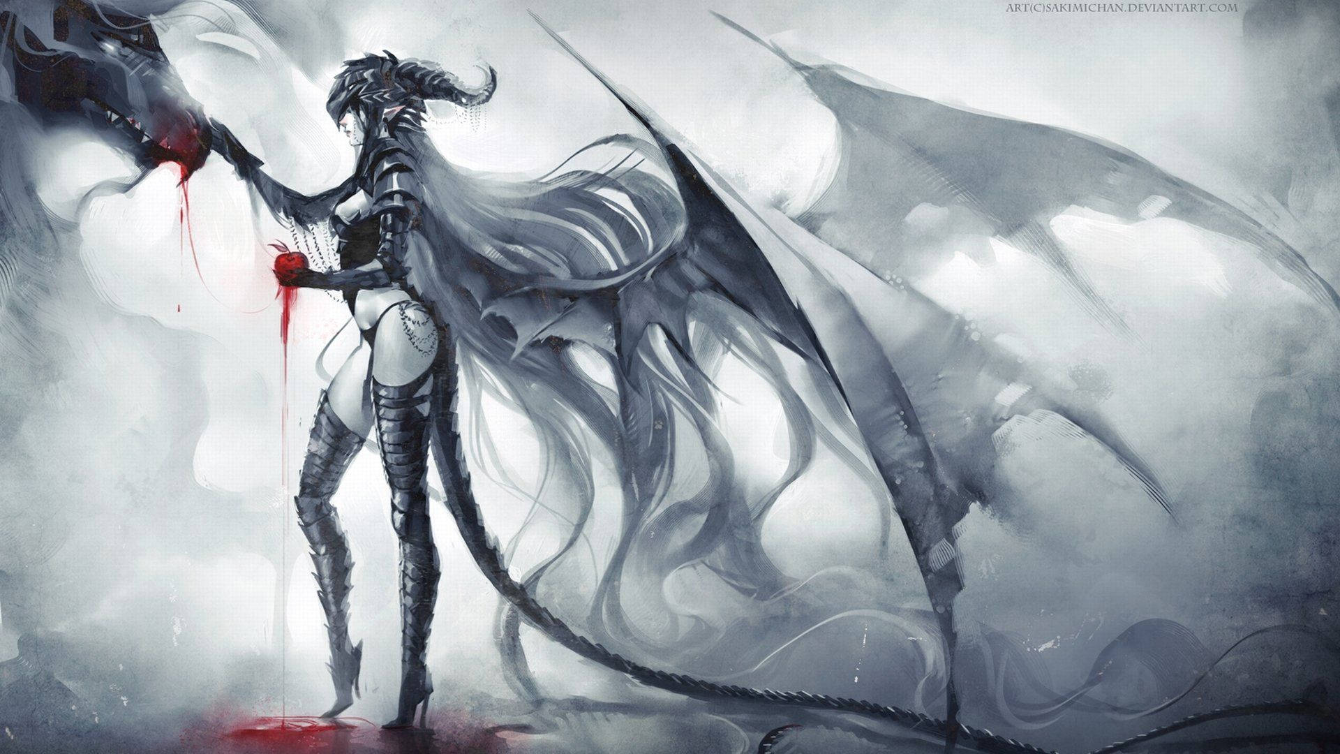 Demon, dragon wings, long tail, Full HD Desktop Wallpaper