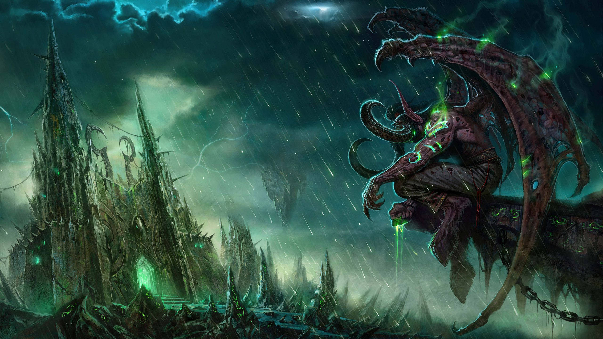 green winged demon, glowing green eyes, wings, 2K Desktop Wallpaper
