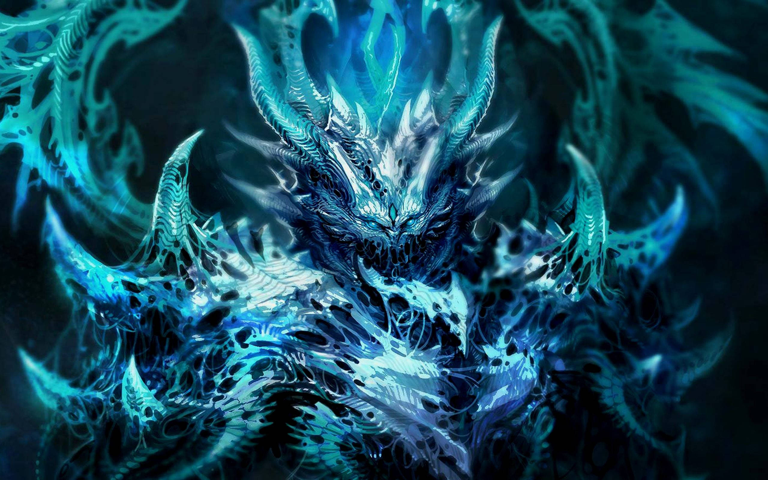 neon blue, glowing eyes, blue dragon, 2K Desktop Wallpaper