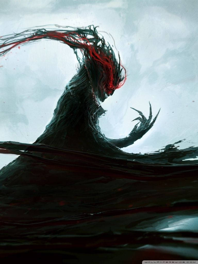 murderous demon, red glowing eyes, flowing tendrils, SD Phone Wallpaper