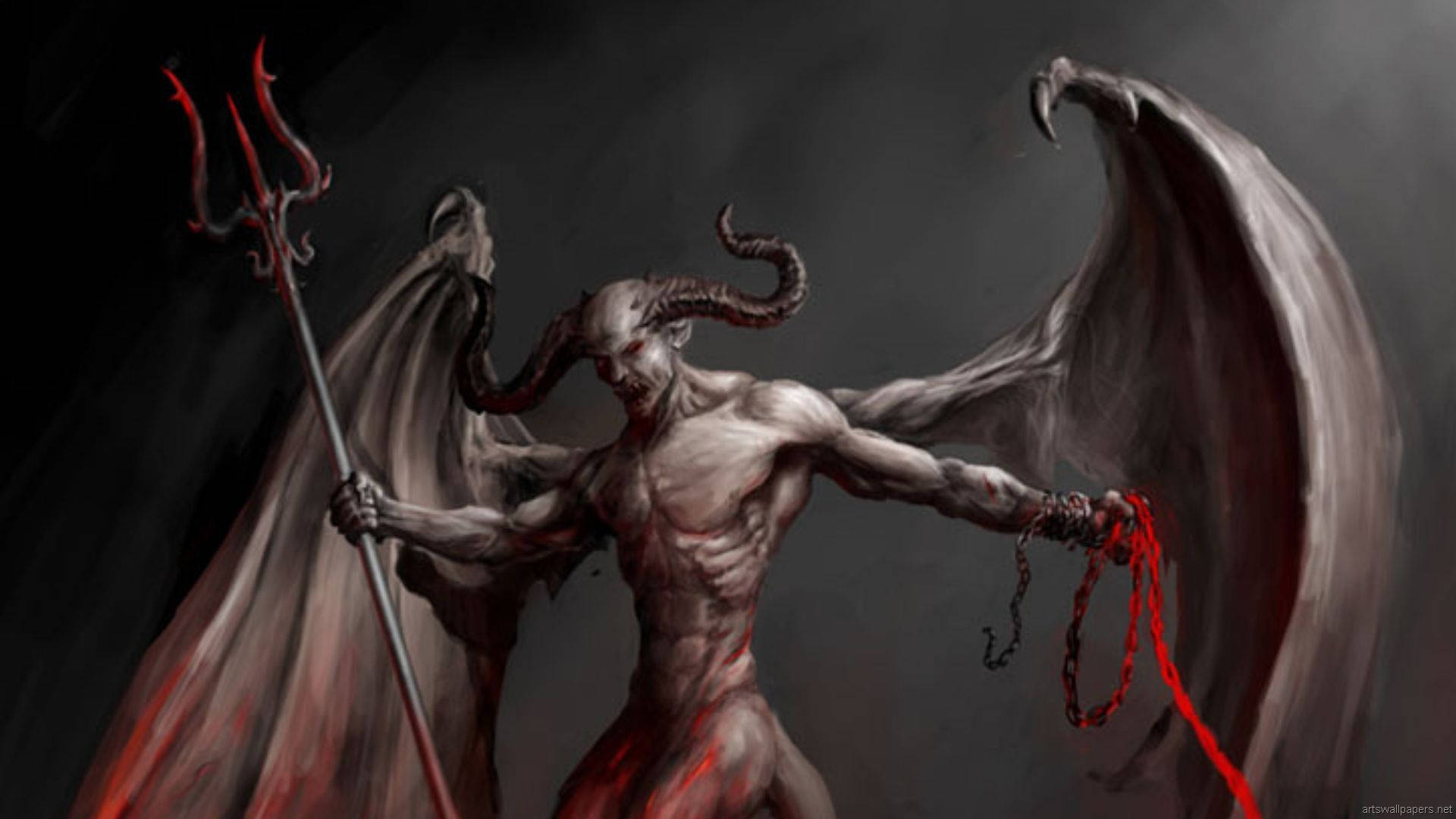 Grey Demon, trident, horns, Full HD Desktop Wallpaper