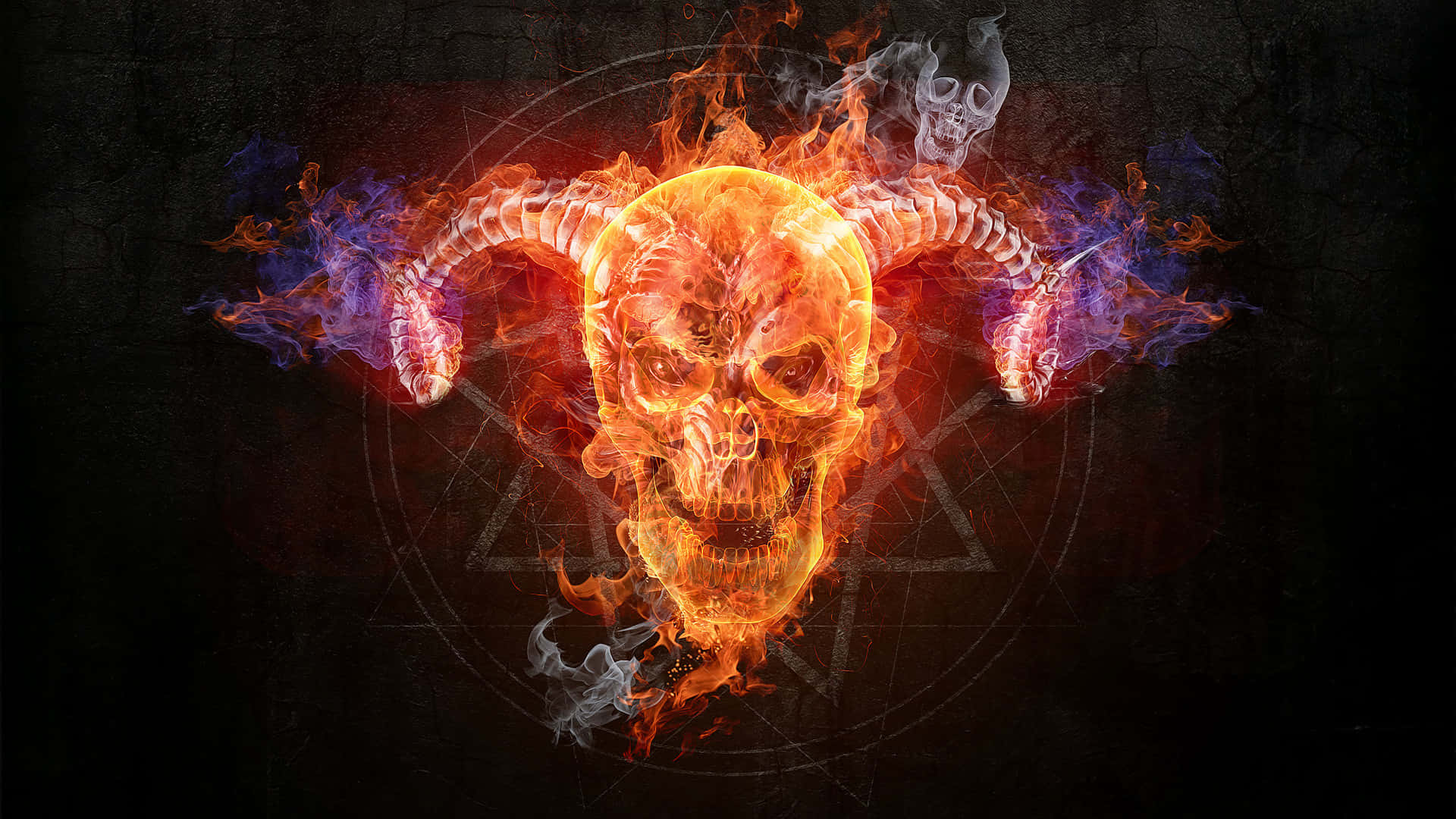 flaming skull, glowing orange flames, purple smoke, Full HD Desktop Wallpaper