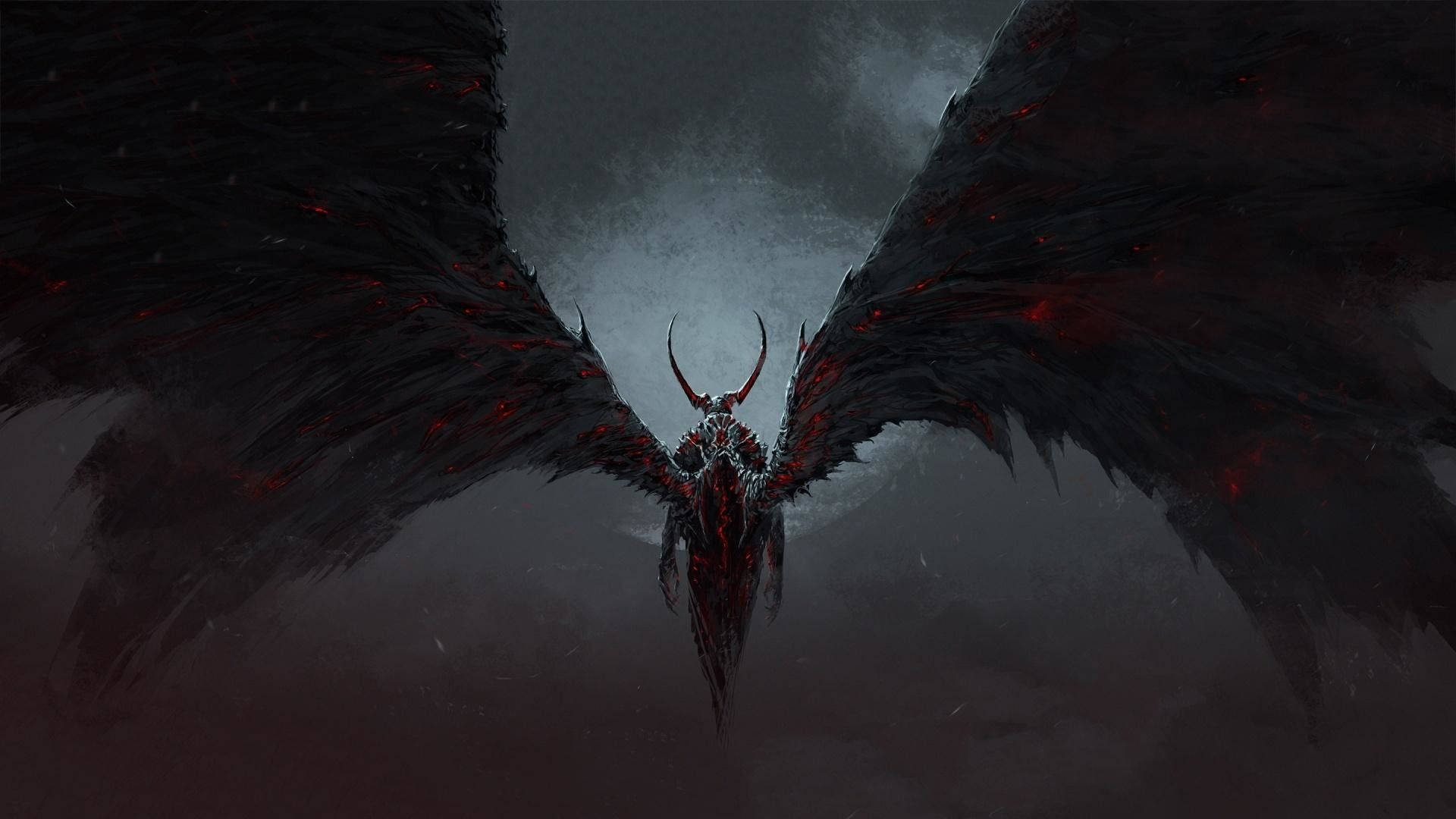 demon, moon, stormy gray sky, Full HD Desktop Wallpaper
