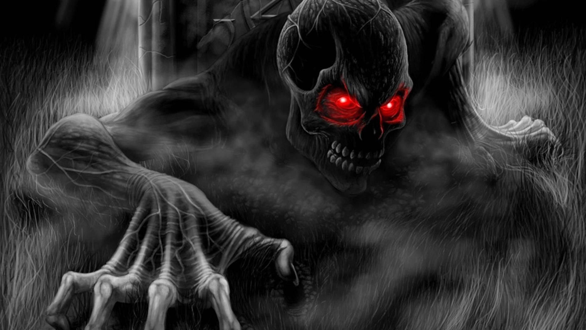 Demon, skeletal monster, glowing red eyes, Full HD Desktop Wallpaper