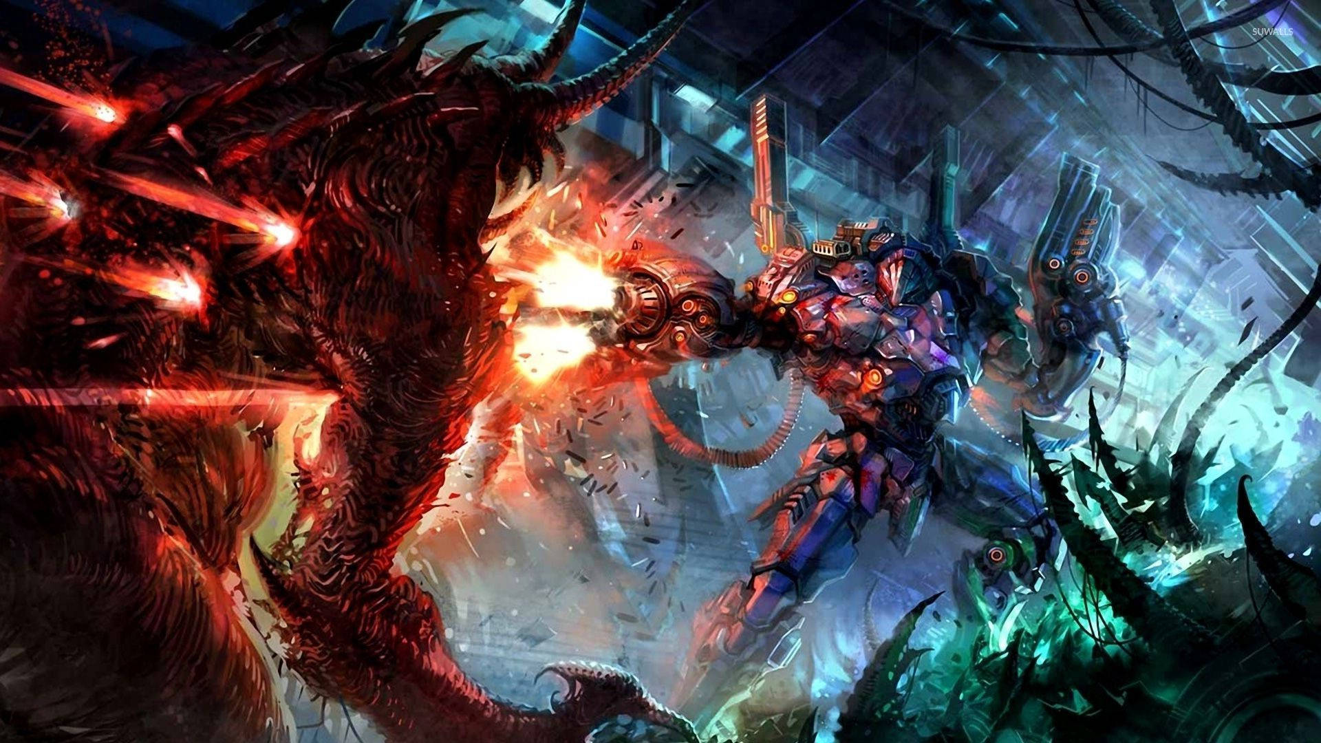 Demon, Robot, blazing weapon, Full HD Desktop Wallpaper